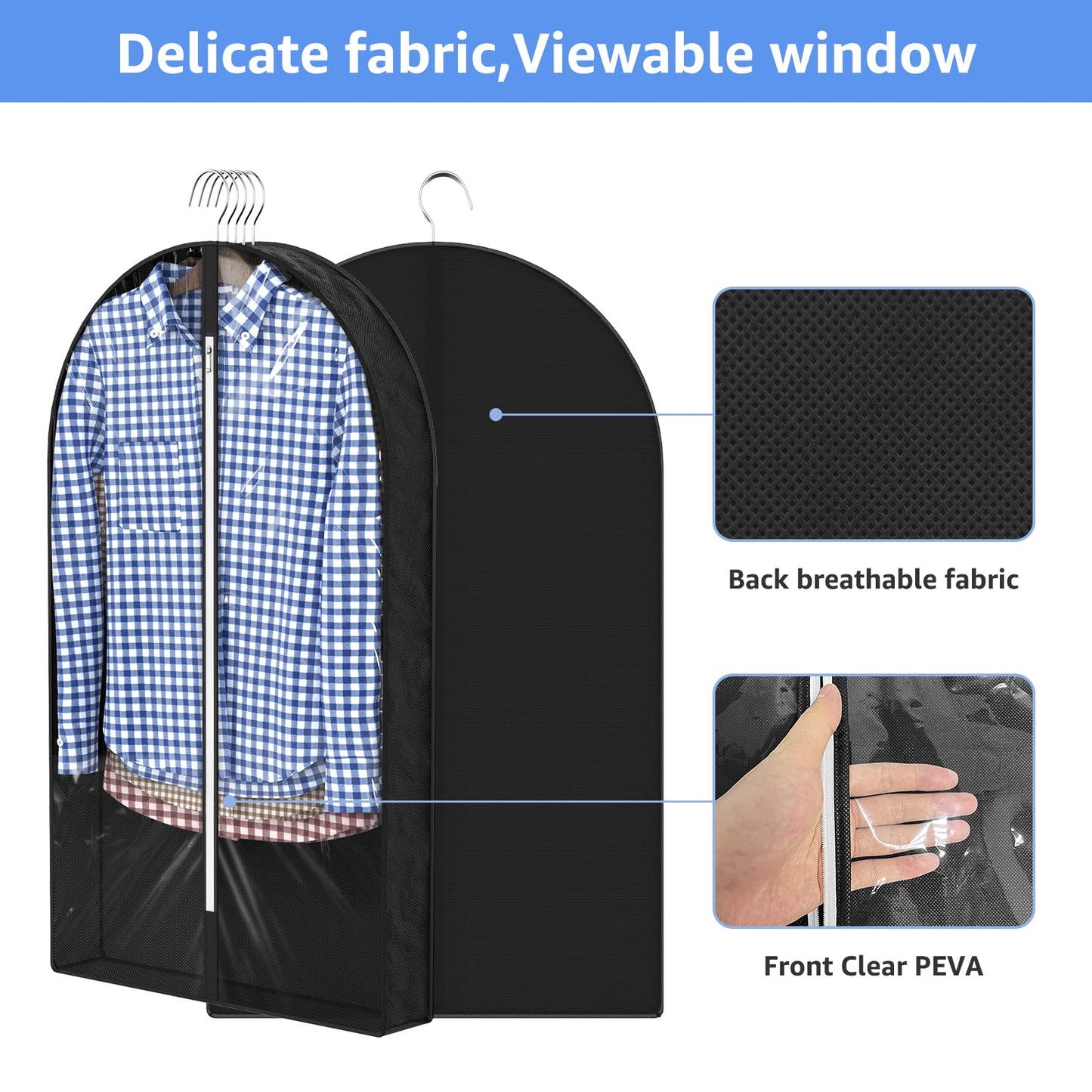 Sacs à vêtements transparents de 50 po pour suspendre des vêtements dans un placard avec soufflets de 4 po, sac de protection pour costumes pour robes, manteaux longs, vestes, pulls, chemises, 3 paquets, noir