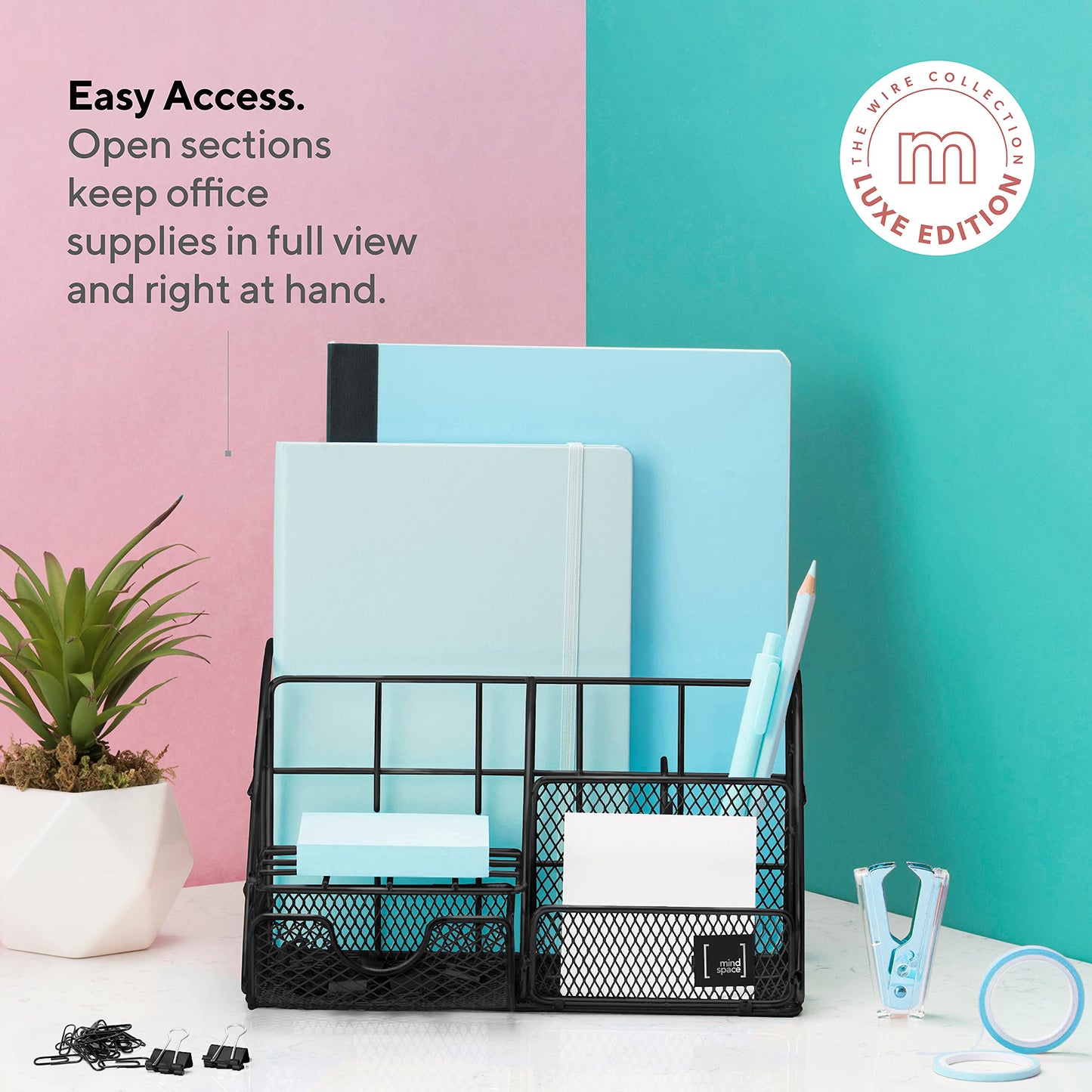 Schwarzer Schreibtisch-Organizer von Mindspace – Schreibtisch-Organizer für das Homeoffice mit Schublade + Büroklammern, Heftklammern – Organizer für Schulbedarf, Stifthalter für den Schreibtisch, kleiner Organizer | The Wire Collection