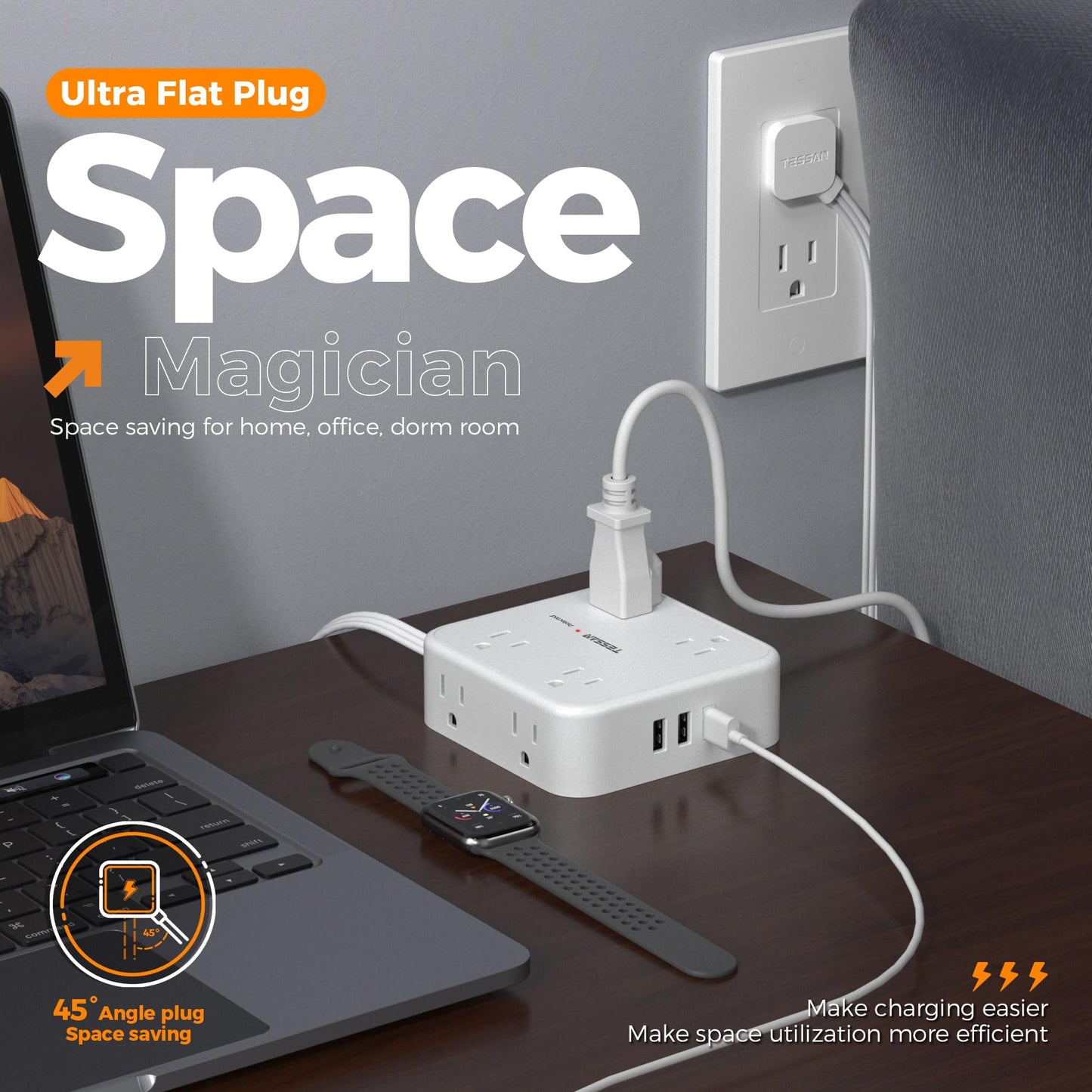 Surge Protector Flat Extension Cord Flat Plug Power Strip, 8 AC Outlets, 3 USB Charger(1 USB C Port) 3-Sided Outlet Extender, 5 Ft, 900 Joules Protection