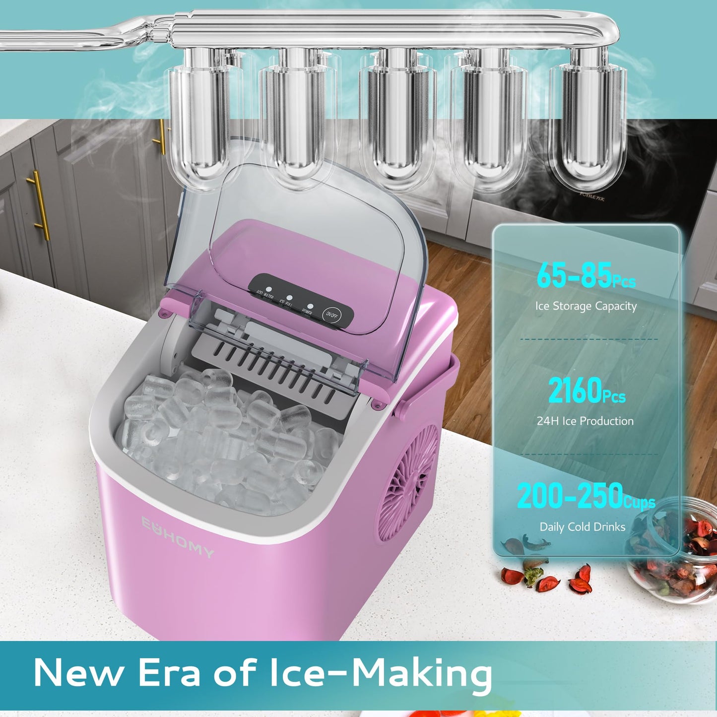 EUHOMY Countertop Ice Maker Machine with Handle, 26lbs in 24Hrs, 9 Ice Cubes Ready in 6 Mins, Auto-Cleaning Portable Ice Maker with Basket and Scoop, for Home/Kitchen/Camping/RV. (Black)