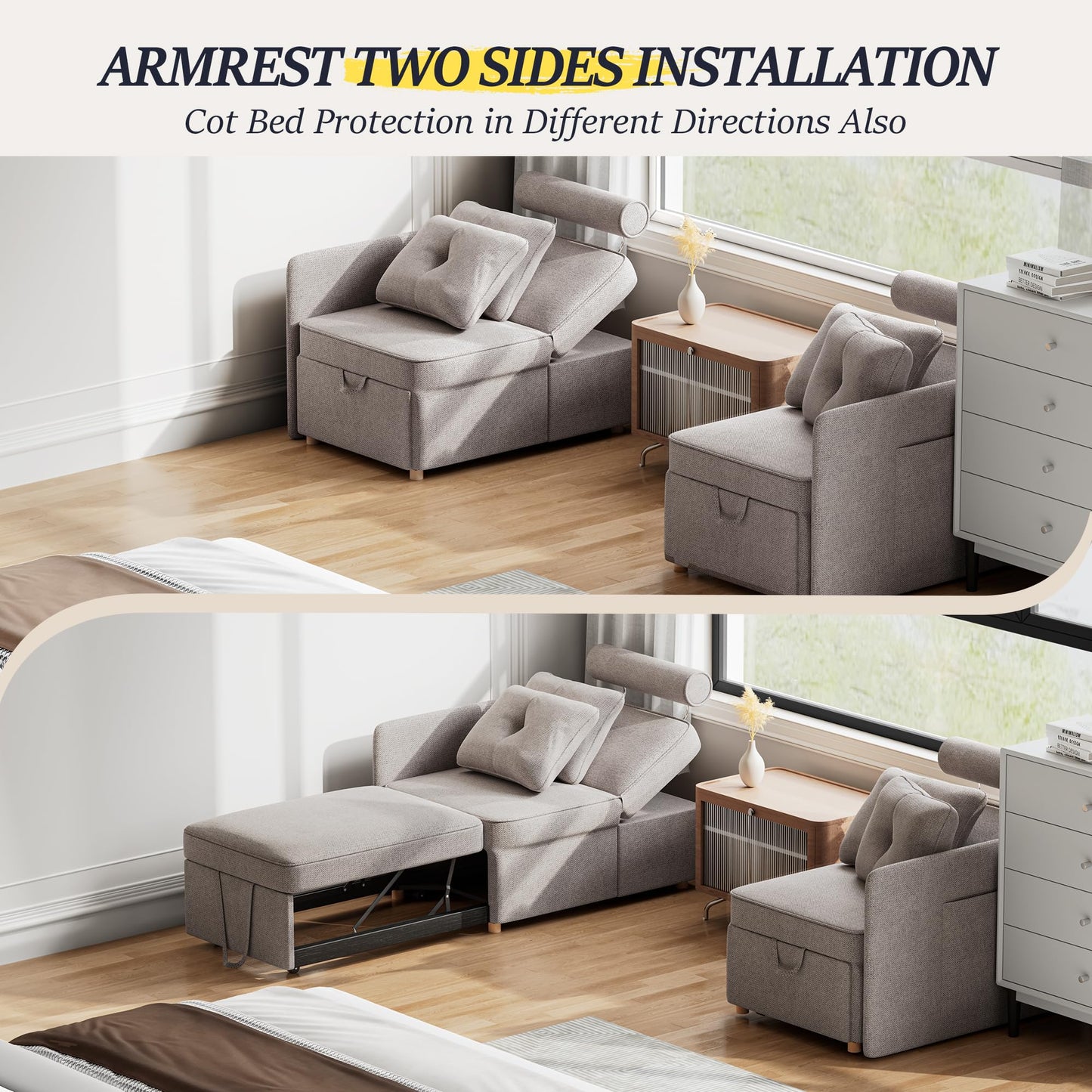 Schlafsofa, 4-in-1-Couch, umwandelbares Sofa, Zweisitzer-Couch aus Leinenstoff mit 2 Dekokissen, Einzel-Relaxsessel für kleine Räume mit 5-fach verstellbarer Rückenlehne