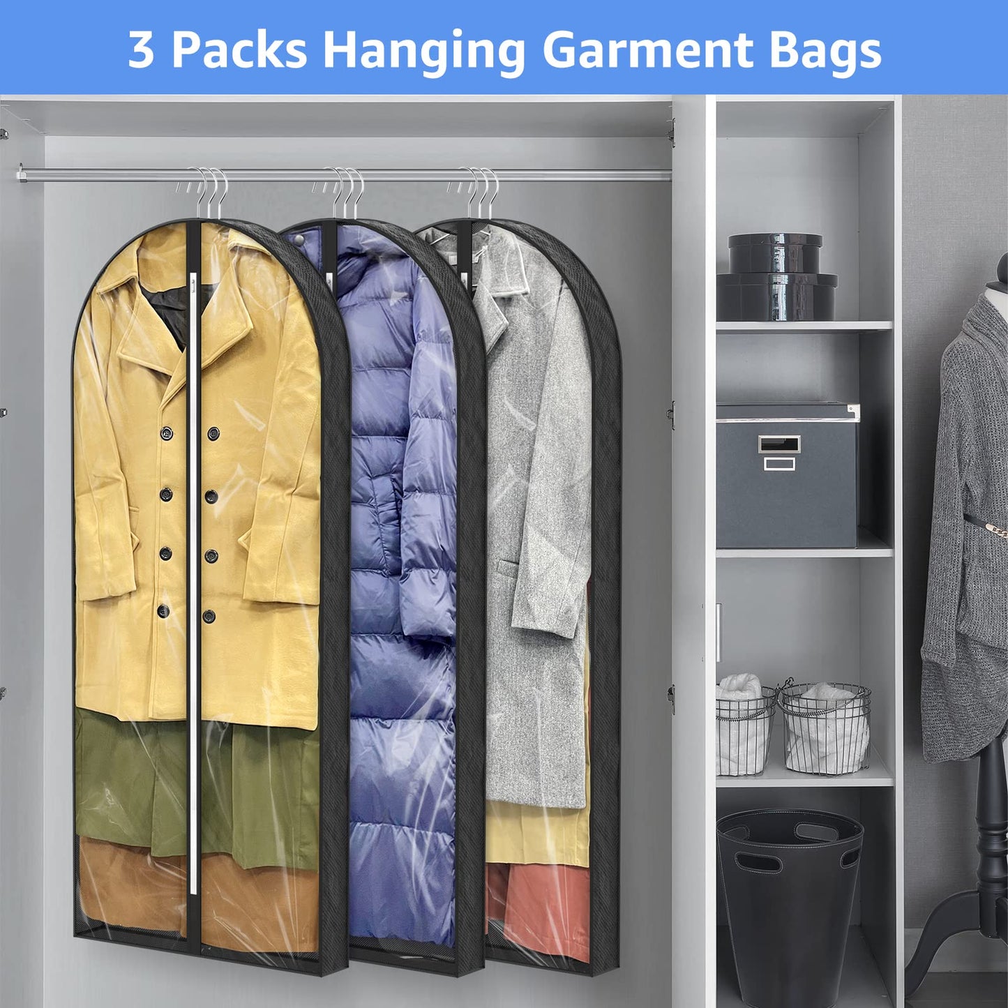 Sacs à vêtements transparents de 50 po pour suspendre des vêtements dans un placard avec soufflets de 4 po, sac de protection pour costumes pour robes, manteaux longs, vestes, pulls, chemises, 3 paquets, noir