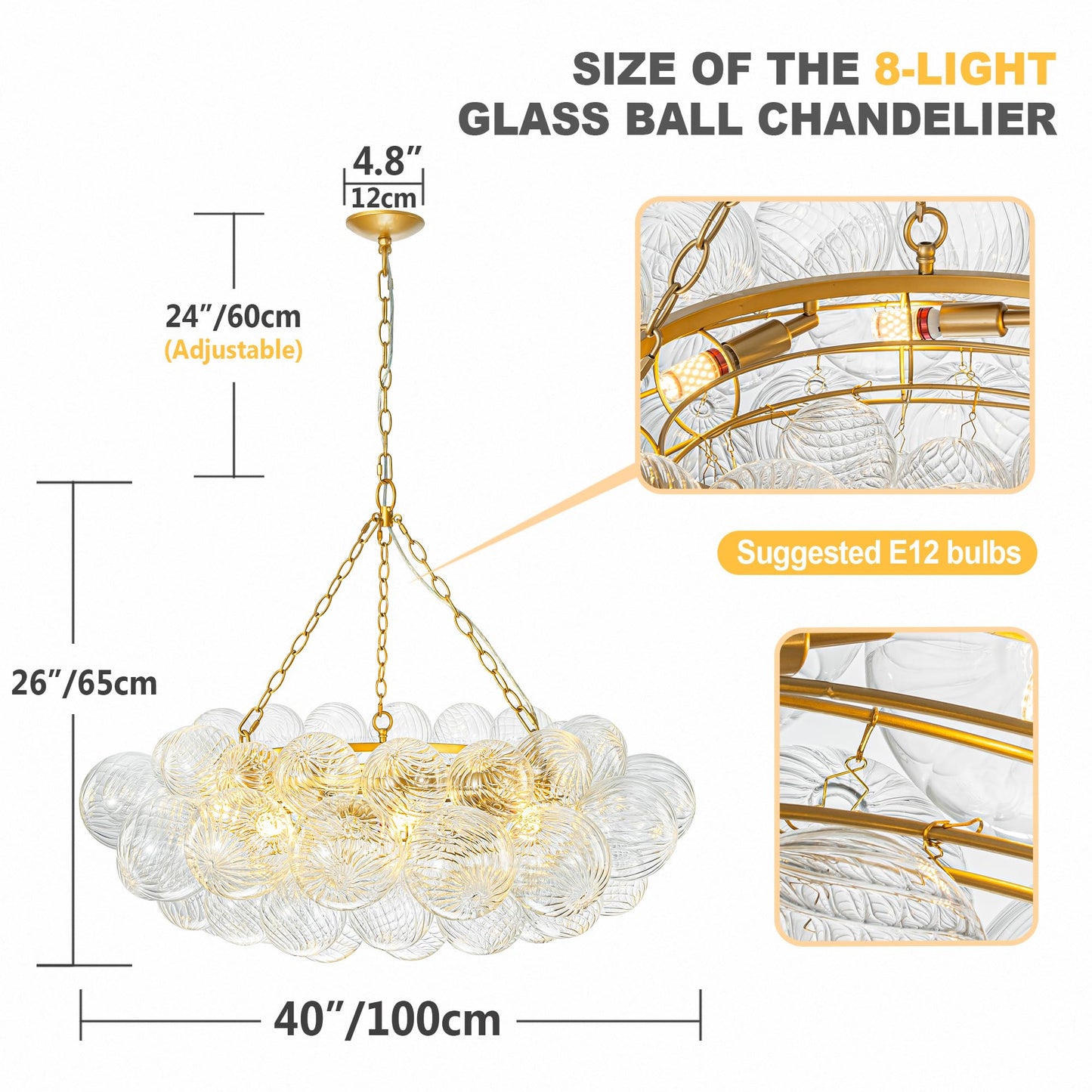 Goldfarbener mehrstufiger Glaskugel-Blasen-Kronleuchter, runder Kronleuchter aus gewirbeltem Glas, klares geblasenes Glas, 8-flammige Pendelleuchte mit 24 Zoll Durchmesser für Schlafzimmer und Restaurant