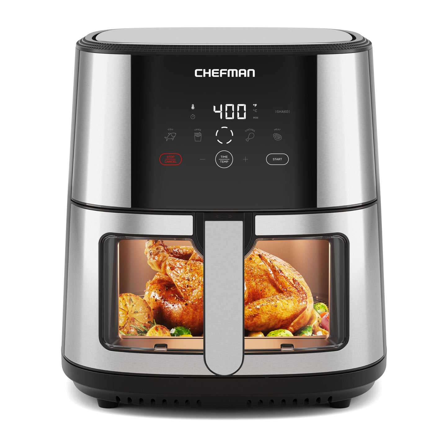Chefman TurboFry® Touch Heißluftfritteuse, XL 8-Qt Familiengröße, digitale One-Touch-Voreinstellungen, Pommes Frites, Hähnchen, Fleisch, Fisch, antihaftbeschichtete, spülmaschinenfeste Teile, automatische Abschaltung, Edelstahl