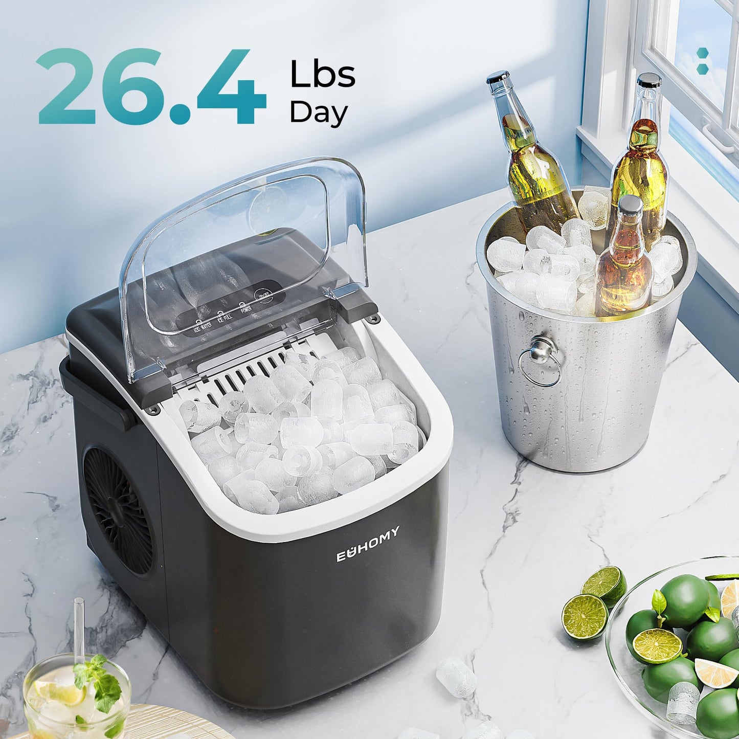 EUHOMY Countertop Ice Maker Machine with Handle, 26lbs in 24Hrs, 9 Ice Cubes Ready in 6 Mins, Auto-Cleaning Portable Ice Maker with Basket and Scoop, for Home/Kitchen/Camping/RV. (Black)