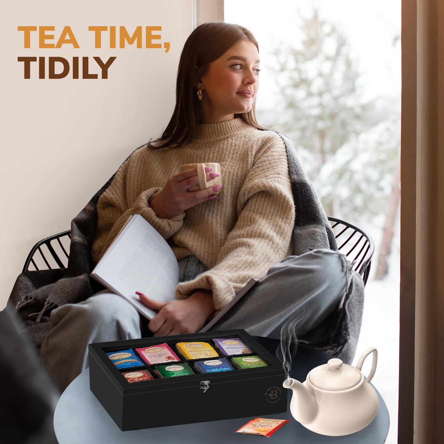 Bamboo Tea Bag Organizer Storage Box with Drawer & Acrylic Window - Magnetic Lid Keeps Contents Fresh - Ideal Mothers Day Gifts for Mom - Gift Caddy (Tea Not Included)