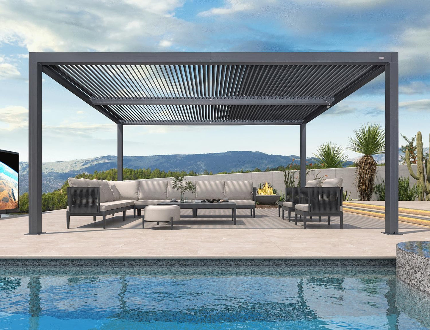 PURPLE LEAF Lamellenpergola 94AS, 3,3 x 4,3 m, Aluminium-Pergola für den Außenbereich mit Sonnenschutz, verstellbarem Dach für Terrasse, Hinterhof, grauer Pavillon mit festem Dach, 1 lange Seite und 2 kurze Seiten