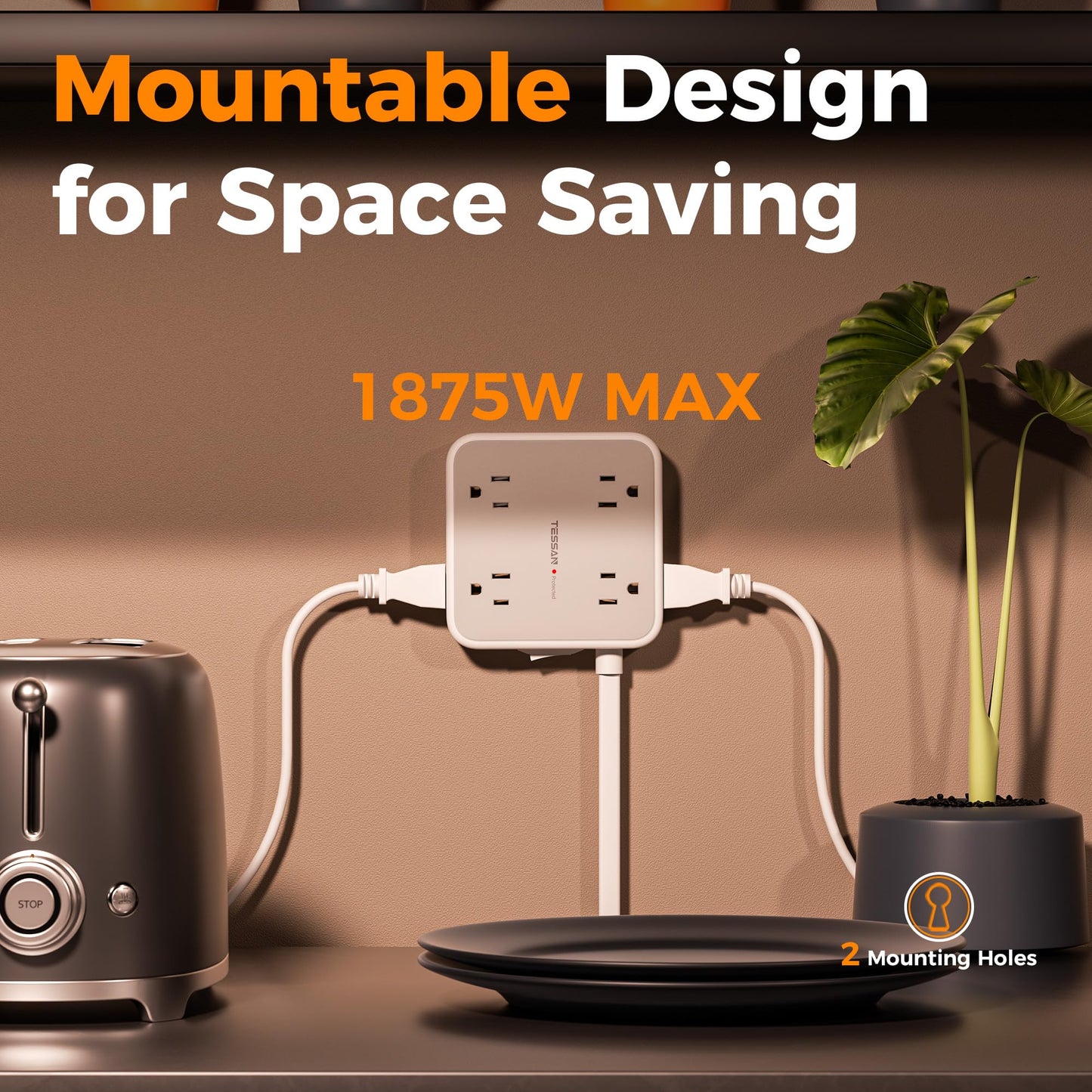 Surge Protector Flat Extension Cord Flat Plug Power Strip, 8 AC Outlets, 3 USB Charger(1 USB C Port) 3-Sided Outlet Extender, 5 Ft, 900 Joules Protection