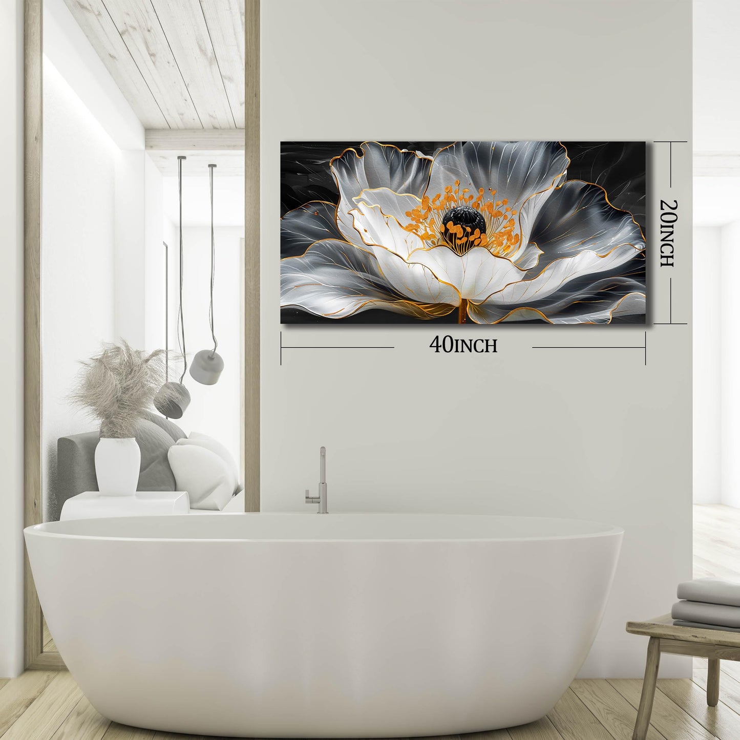 Gold Wall Art White Wall Pictures Beautiful Flower Wall Decorations for Living Room Black Artwork 24"x48" Art for Home Office