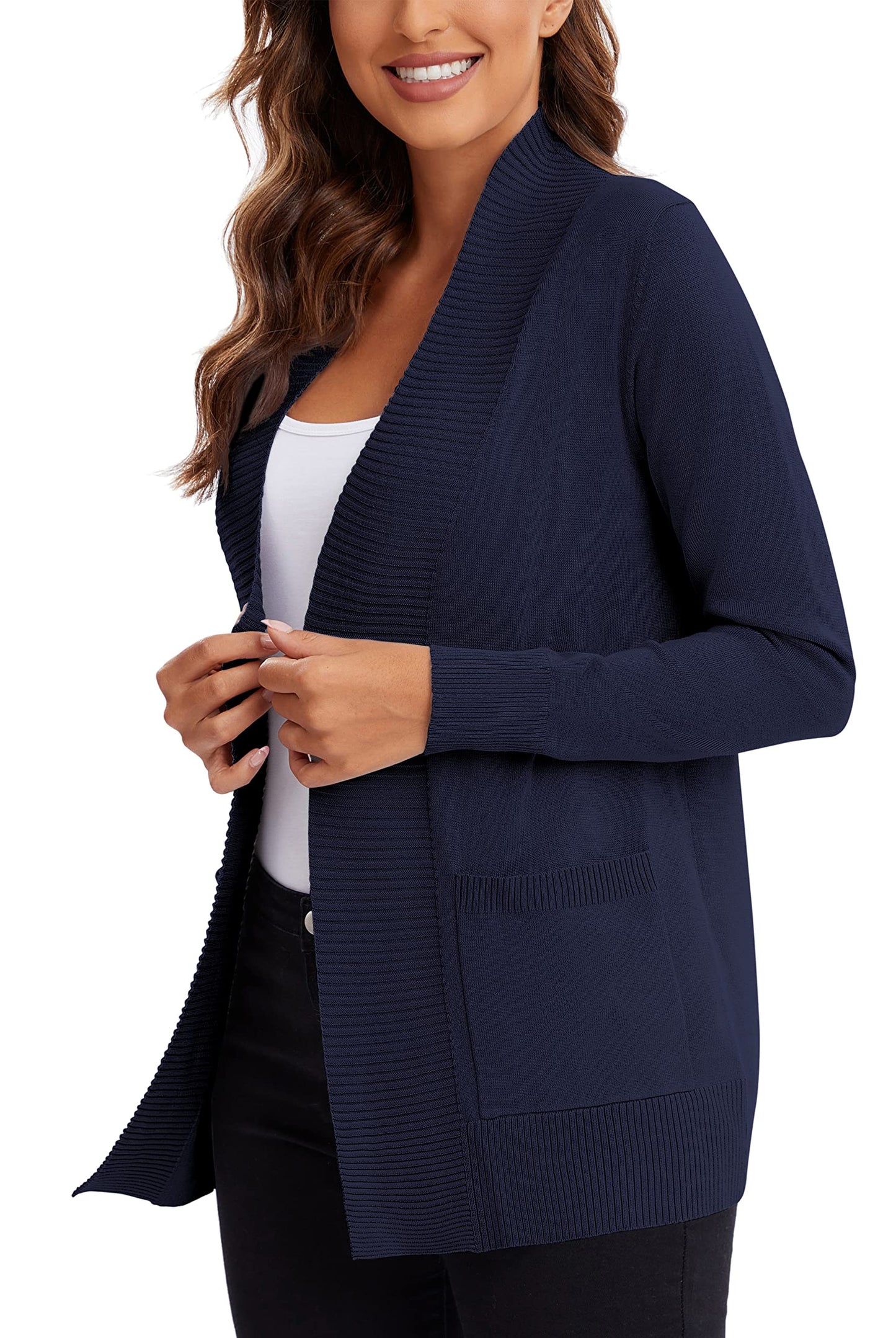 Urban CoCo Leichter Strickjacke für Damen mit offener Vorderseite, lange Ärmel, mit Tasche