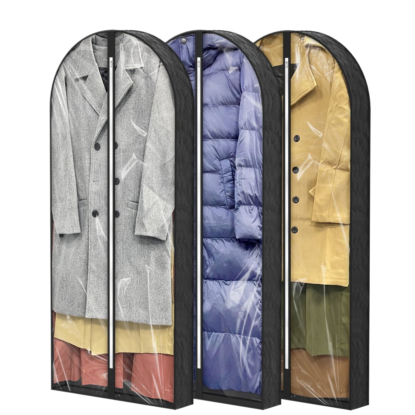Sacs à vêtements transparents de 50 po pour suspendre des vêtements dans un placard avec soufflets de 4 po, sac de protection pour costumes pour robes, manteaux longs, vestes, pulls, chemises, 3 paquets, noir