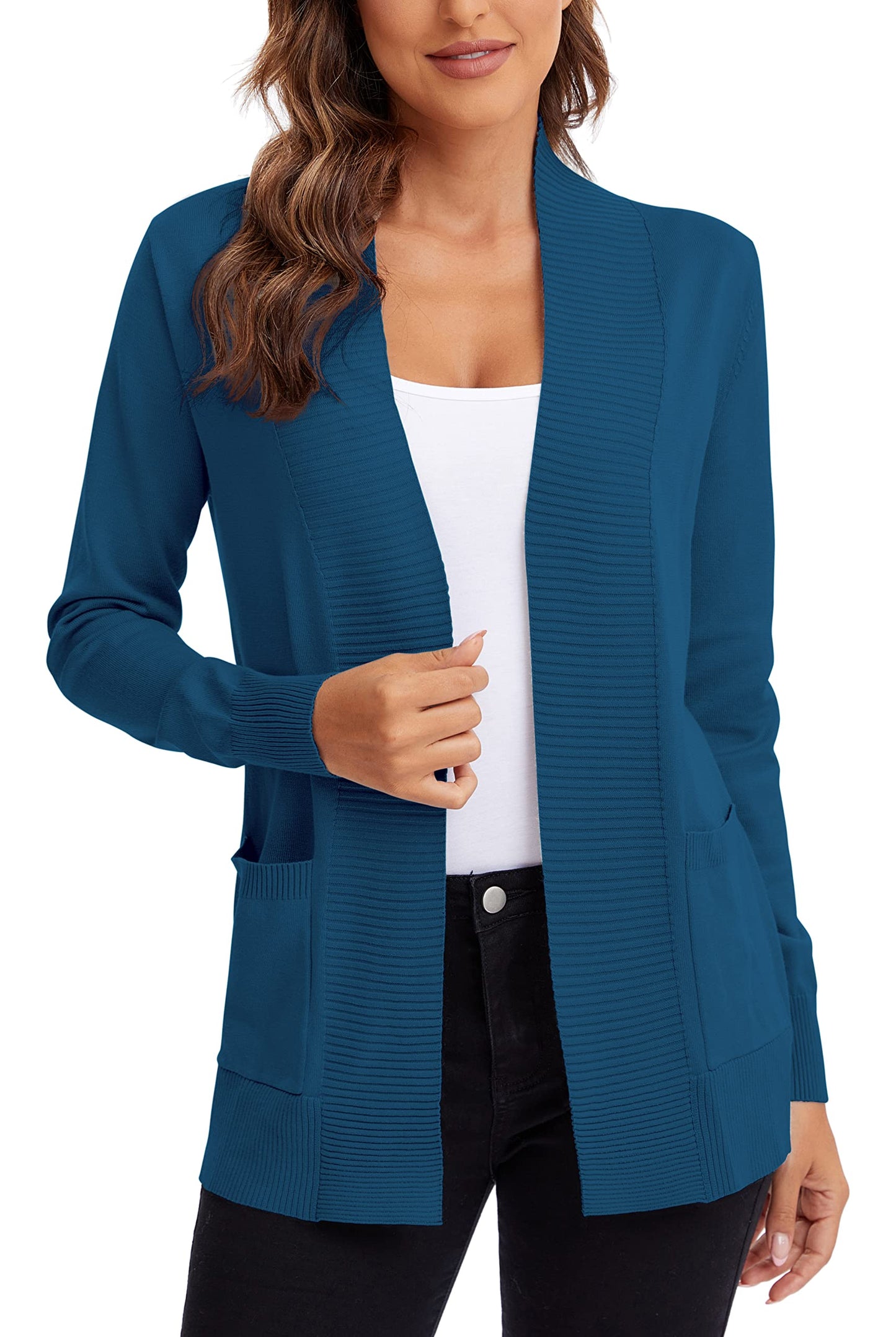 Urban CoCo Leichter Strickjacke für Damen mit offener Vorderseite, lange Ärmel, mit Tasche