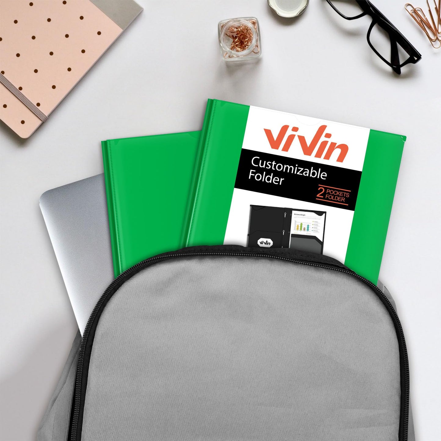 Chemises en plastique épais ViVin avec pochettes et broches, deux poches, poche avant transparente et onglets de maintien, lot de 6, pour papier au format lettre US, pour l'école et le bureau - Blanc