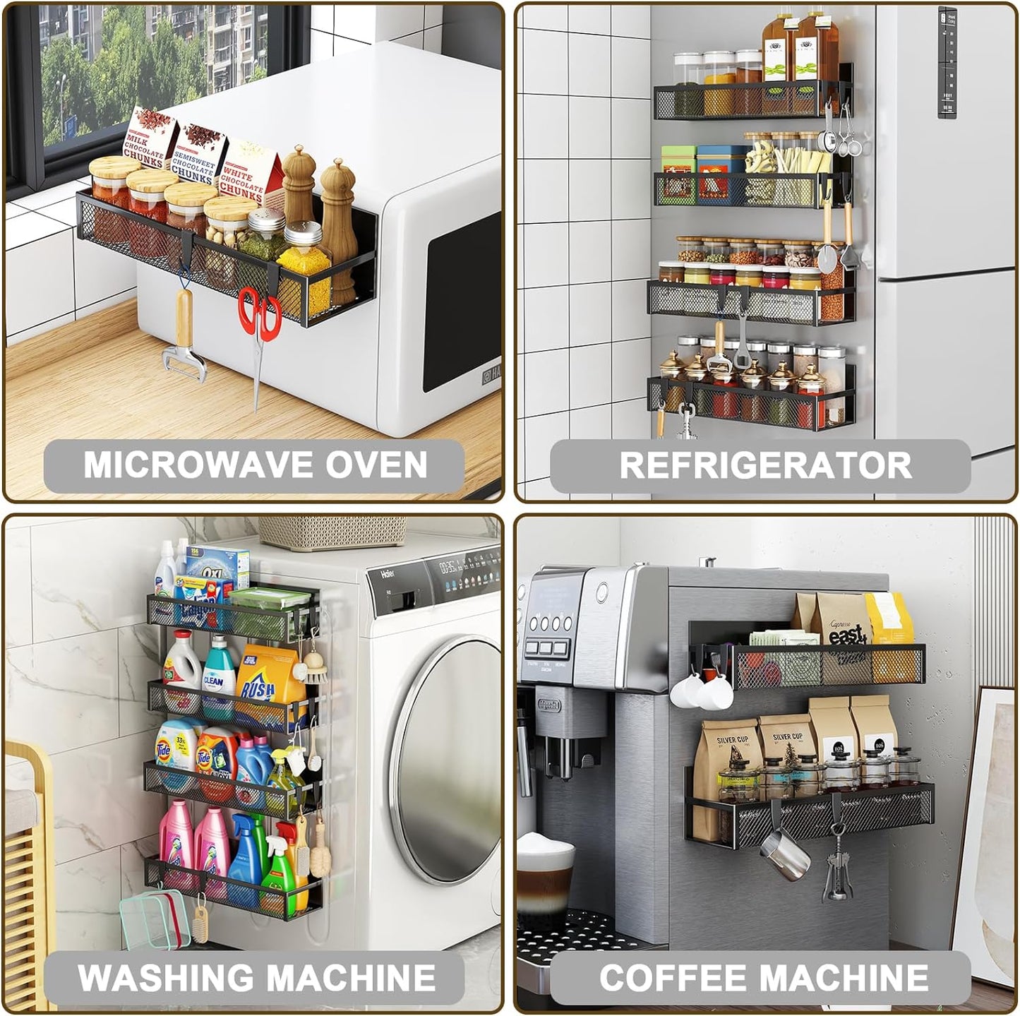 Magnetic Spice Rack for Refrigerator, 6-Pack Fridge Shelf Organizer with Hooks