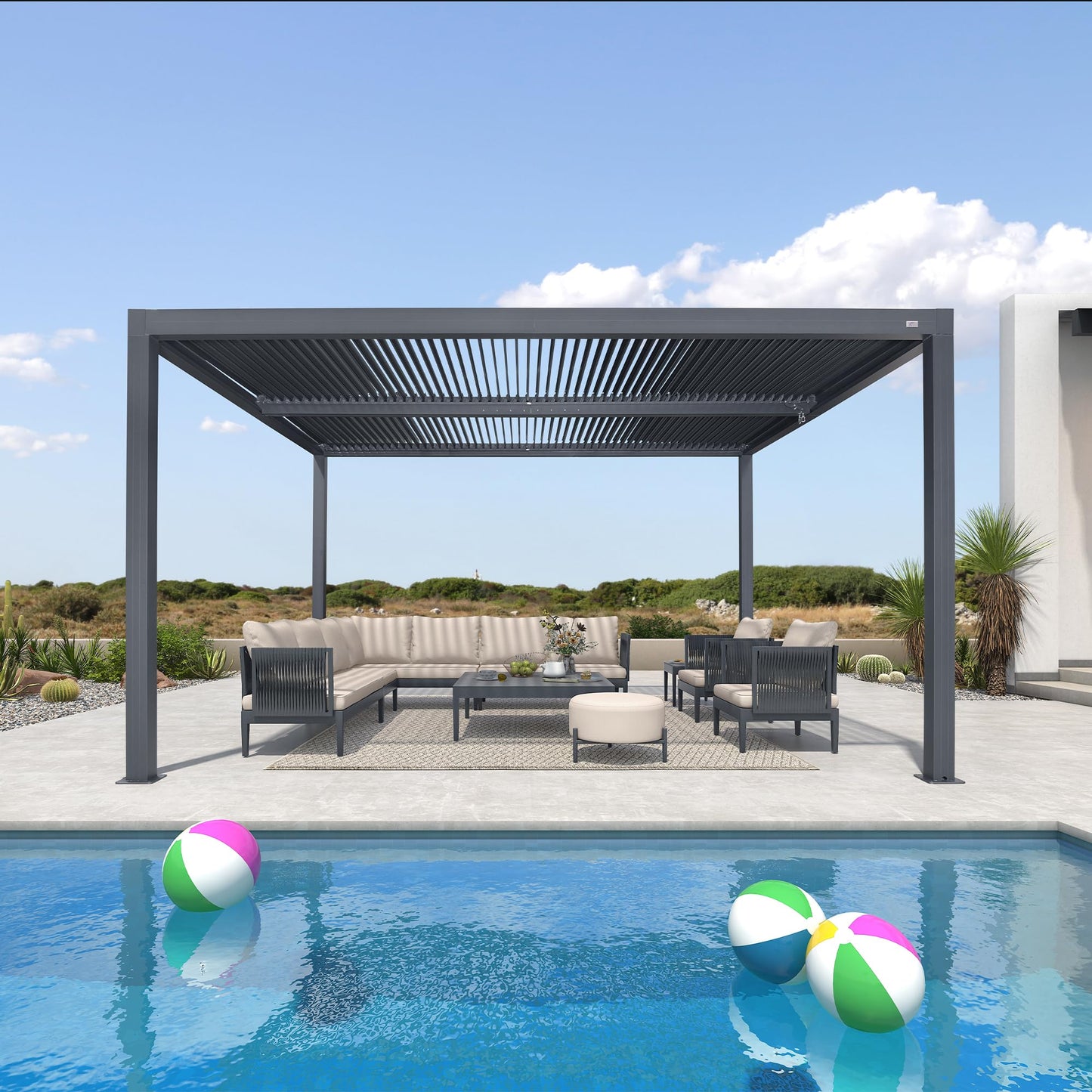 PURPLE LEAF Lamellenpergola 94AS, 3,3 x 4,3 m, Aluminium-Pergola für den Außenbereich mit Sonnenschutz, verstellbarem Dach für Terrasse, Hinterhof, grauer Pavillon mit festem Dach, 1 lange Seite und 2 kurze Seiten