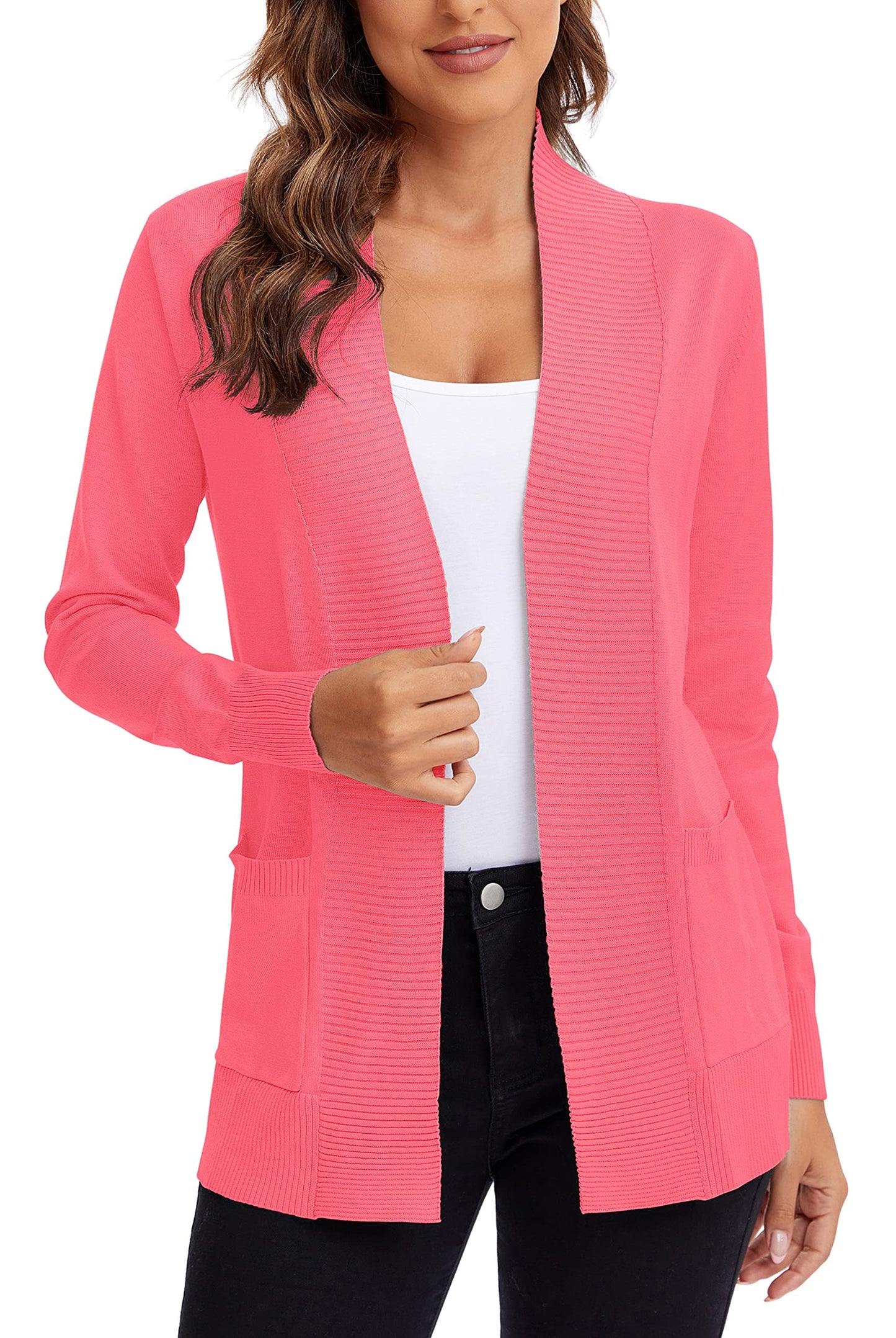 Urban CoCo Leichter Strickjacke für Damen mit offener Vorderseite, lange Ärmel, mit Tasche