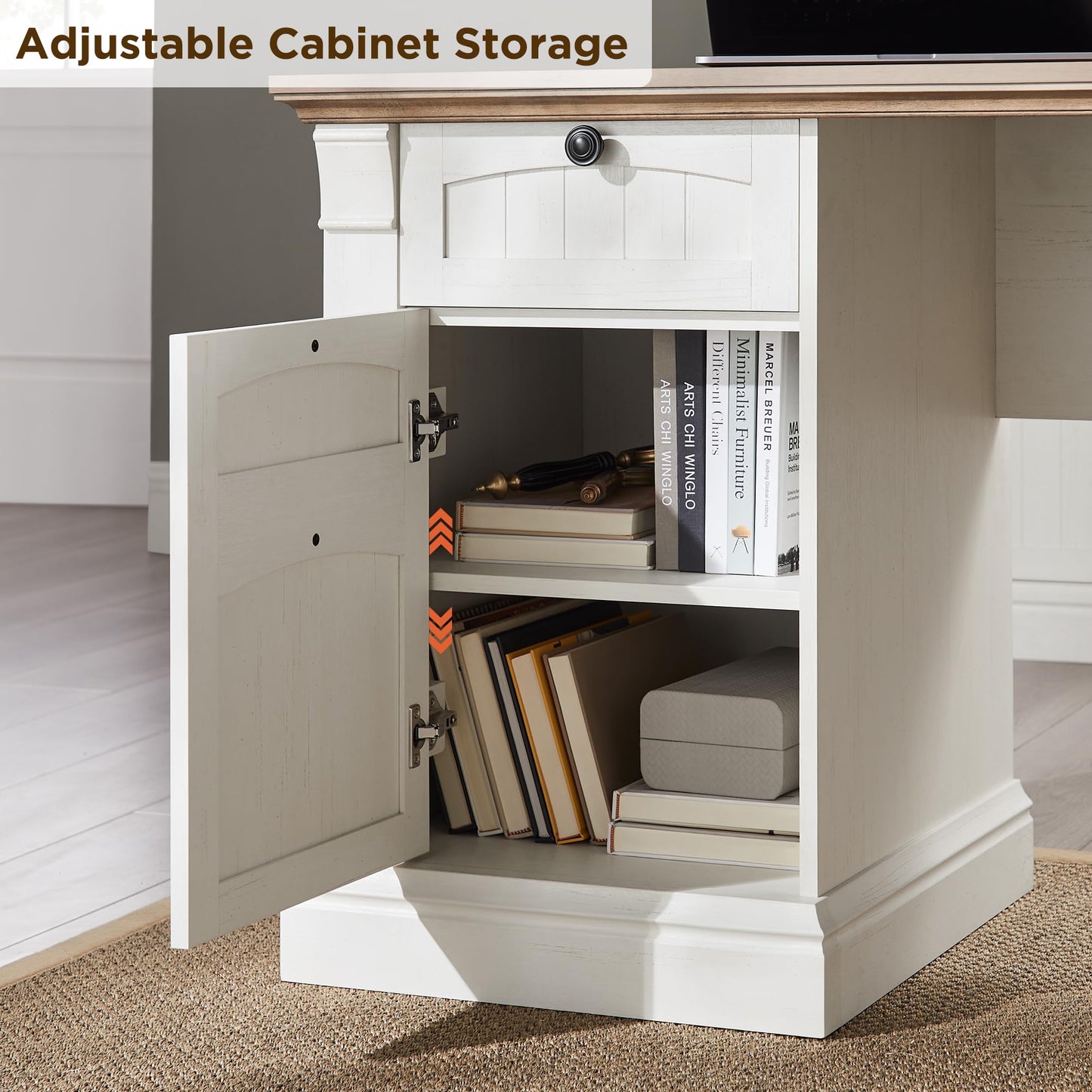 OKD 60-Zoll-Chefschreibtisch mit Schubladen, Home-Office-Schreibtisch im Landhausstil mit Ladestation, Tastaturablage, Aktenschrank-Aufbewahrung, Holz-Computertisch für Arbeit und Studium, Antikweiß