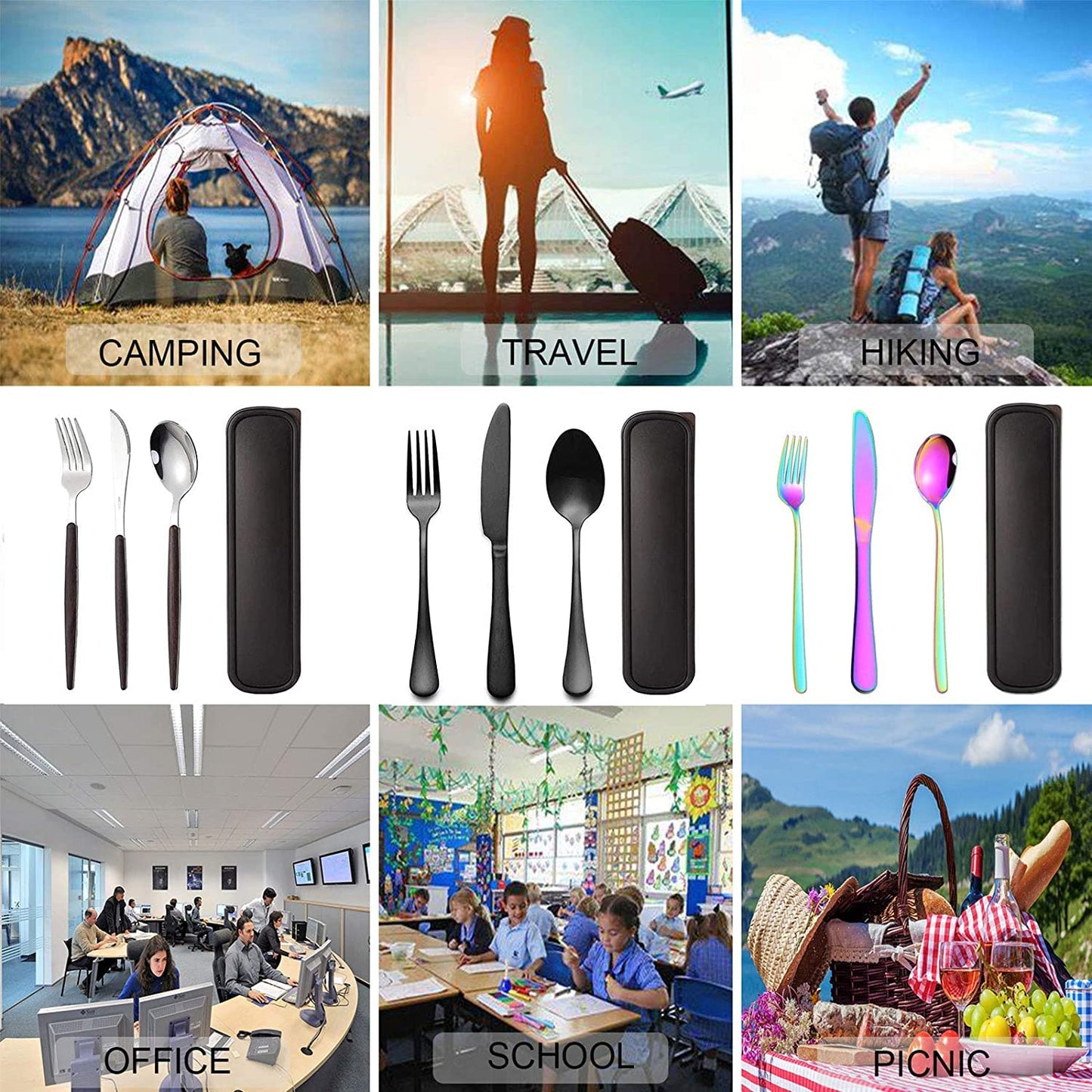 Portable Travel Utensils Set, 18/8 Stainless Steel 3 PCS Cutlery Set Including Knife Fork and Spoon, Reusable Travel Silverware Set with Case for Lunch Box Camping School Office