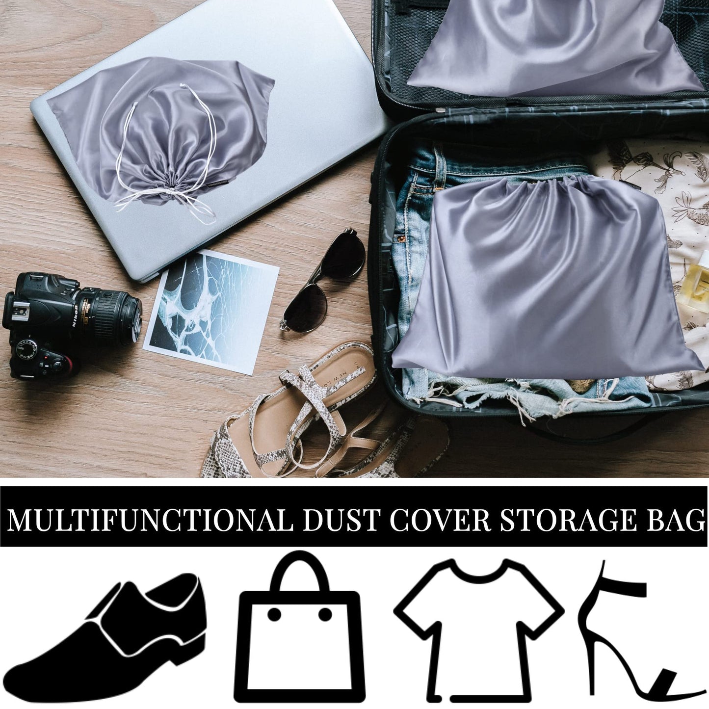 Lot de 6 sacs anti-poussière en soie pour sacs à main, sacs à main, chaussures, bottes, sac à cordon anti-poussière en soie, pochette de rangement de voyage (blanc, 19,6 × 15,7 pouces)