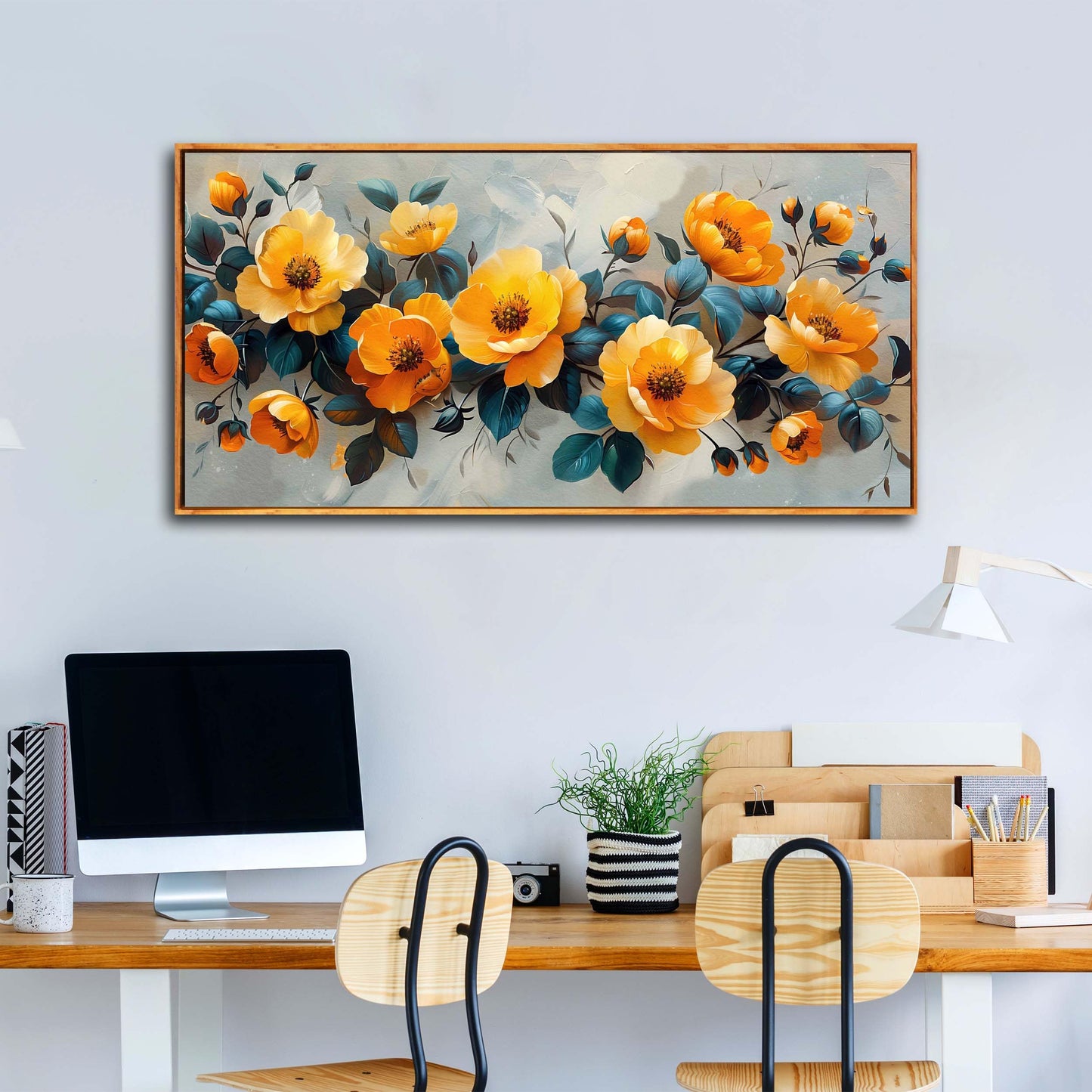 Gold Wall Art White Wall Pictures Beautiful Flower Wall Decorations for Living Room Black Artwork 24"x48" Art for Home Office