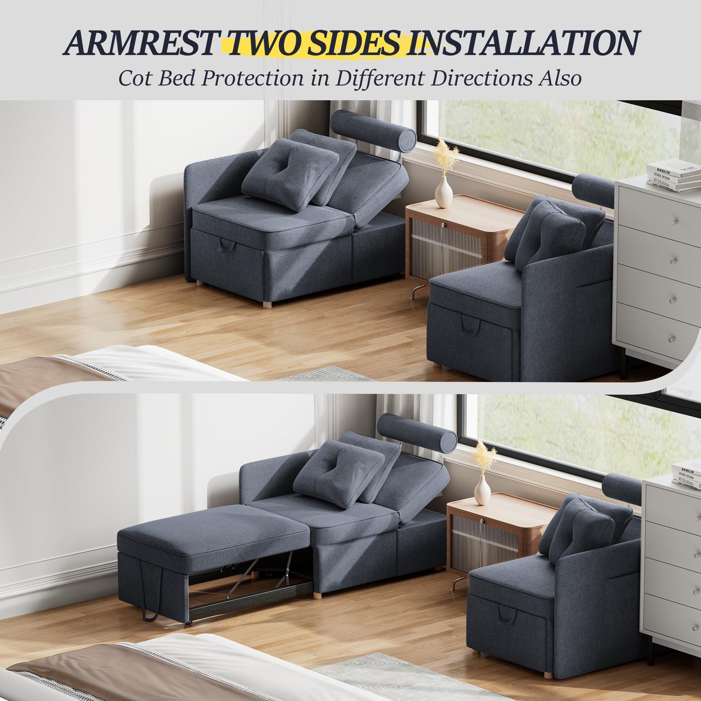 Schlafsofa, 4-in-1-Couch, umwandelbares Sofa, Zweisitzer-Couch aus Leinenstoff mit 2 Dekokissen, Einzel-Relaxsessel für kleine Räume mit 5-fach verstellbarer Rückenlehne
