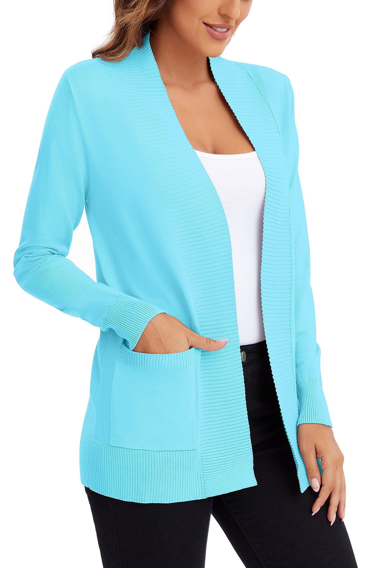 Urban CoCo Leichter Strickjacke für Damen mit offener Vorderseite, lange Ärmel, mit Tasche