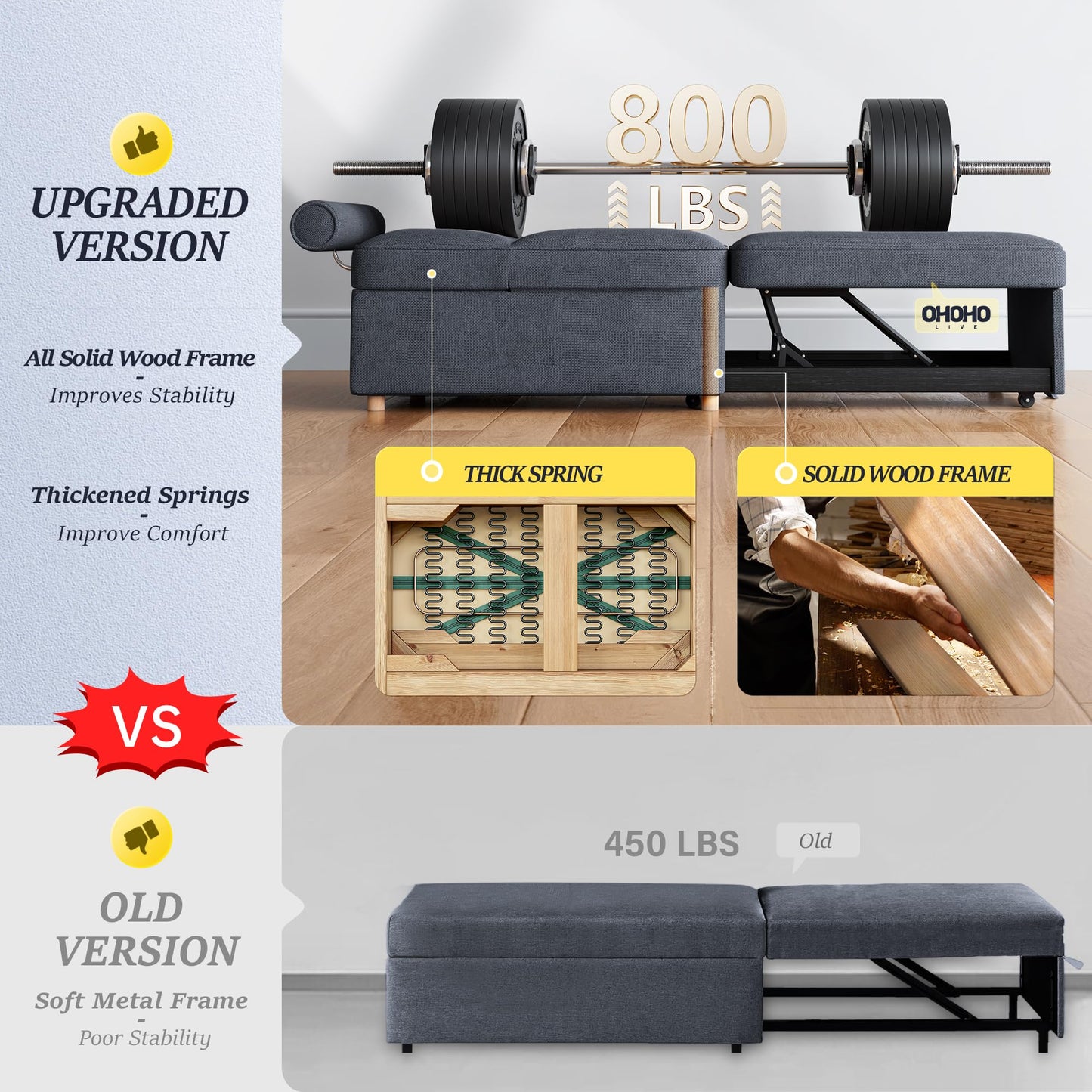 Schlafsofa, 4-in-1-Couch, umwandelbares Sofa, Zweisitzer-Couch aus Leinenstoff mit 2 Dekokissen, Einzel-Relaxsessel für kleine Räume mit 5-fach verstellbarer Rückenlehne