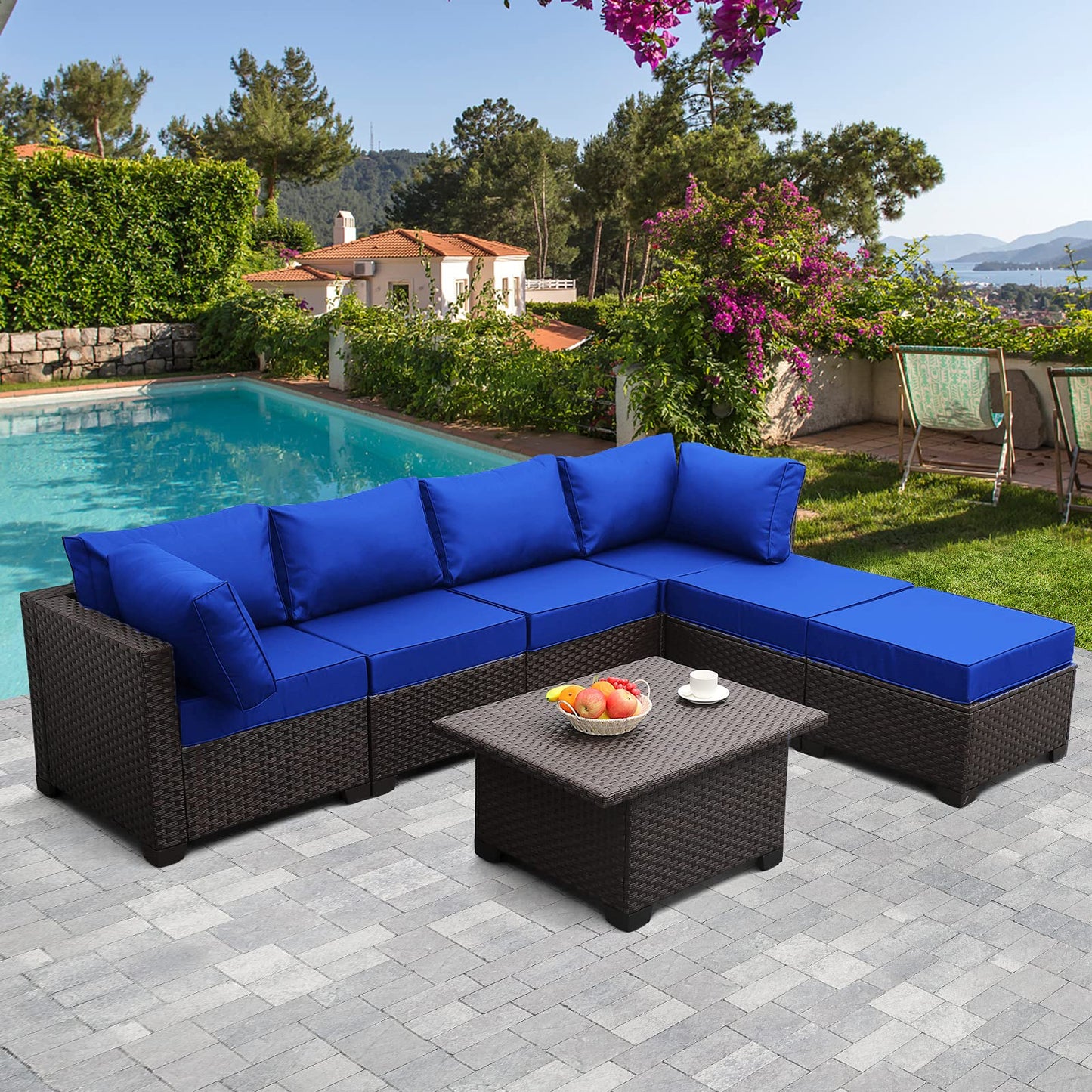 Outdoor Patio Dark Brown Rattan 7 Piece Sectional Set PE Wicker Conversation Sofa with Liftable Storage Table Non-Slip 5" Thick Royal Blue Cushion and Furniture Cover