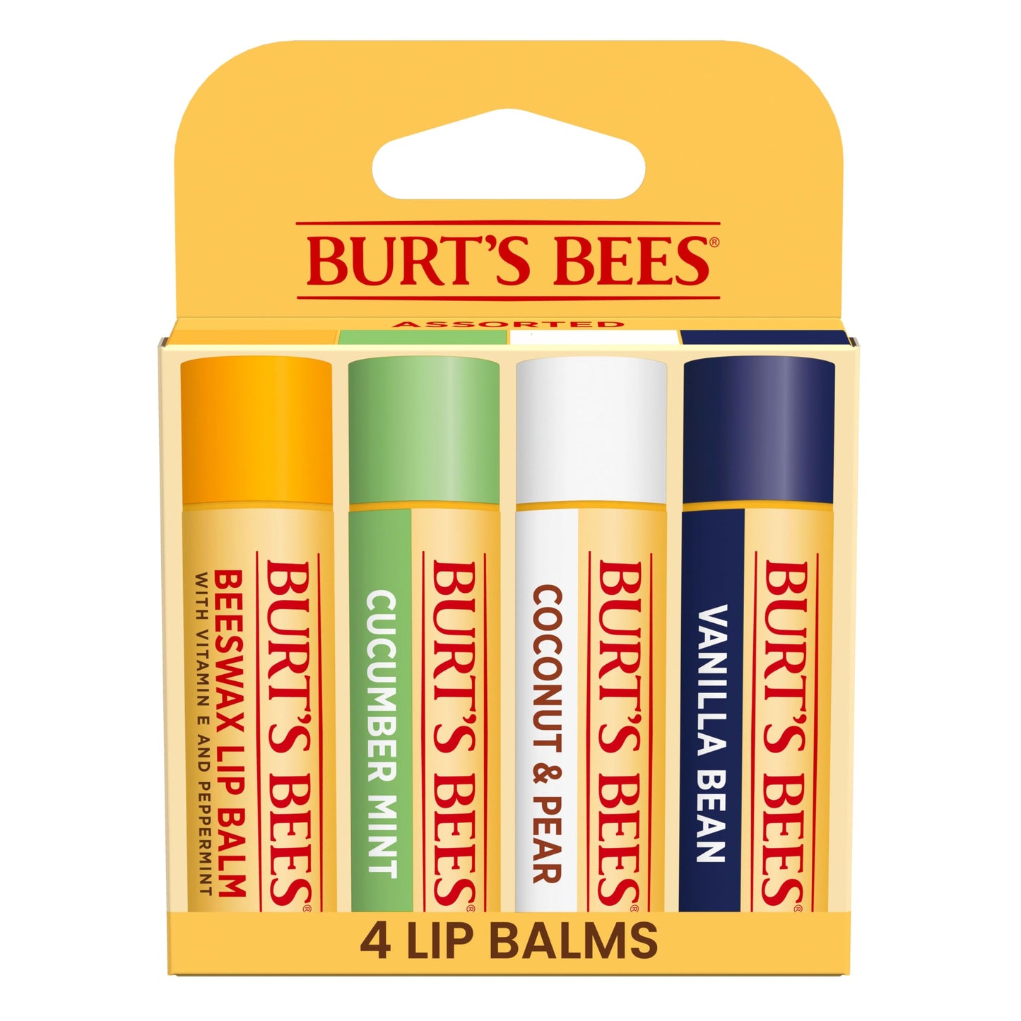 Lip Balm - Beeswax, Strawberry, Coconut and Pear, and Vanilla Bean, With Responsibly Sourced Beeswax, Tint-Free, Natural Origin Lip Treatment, 4 Tubes, 0.15 oz.