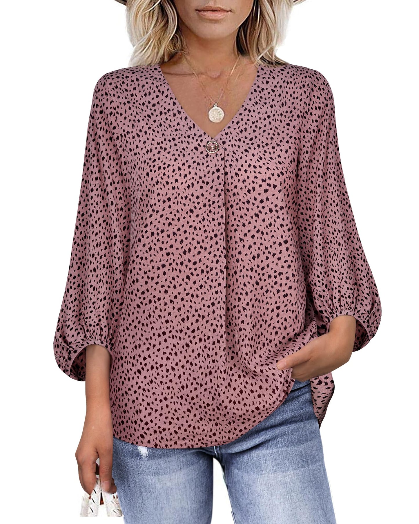 Bebonnie Damen Chiffonbluse mit Laternenmuster, 3/4-Ärmel, lässig, locker, V-Ausschnitt