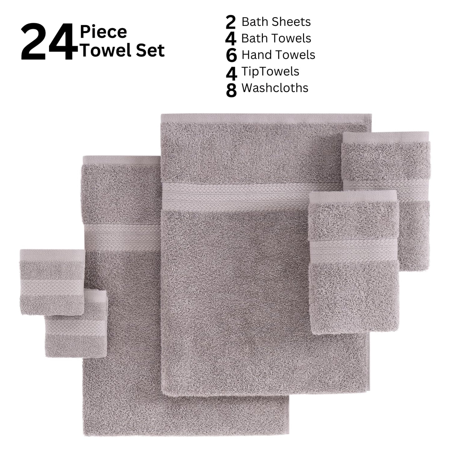 LANE LINEN 24-teiliges Badezimmerhandtuch-Set – 100 % Baumwolle, Badetuch-Sets, 4 Badetücher extragroß, 2 Badelaken, 6 Handtücher fürs Badezimmer, 8 Waschlappen, 4 Fingerkuppen-Handtücher – weiße Handtücher