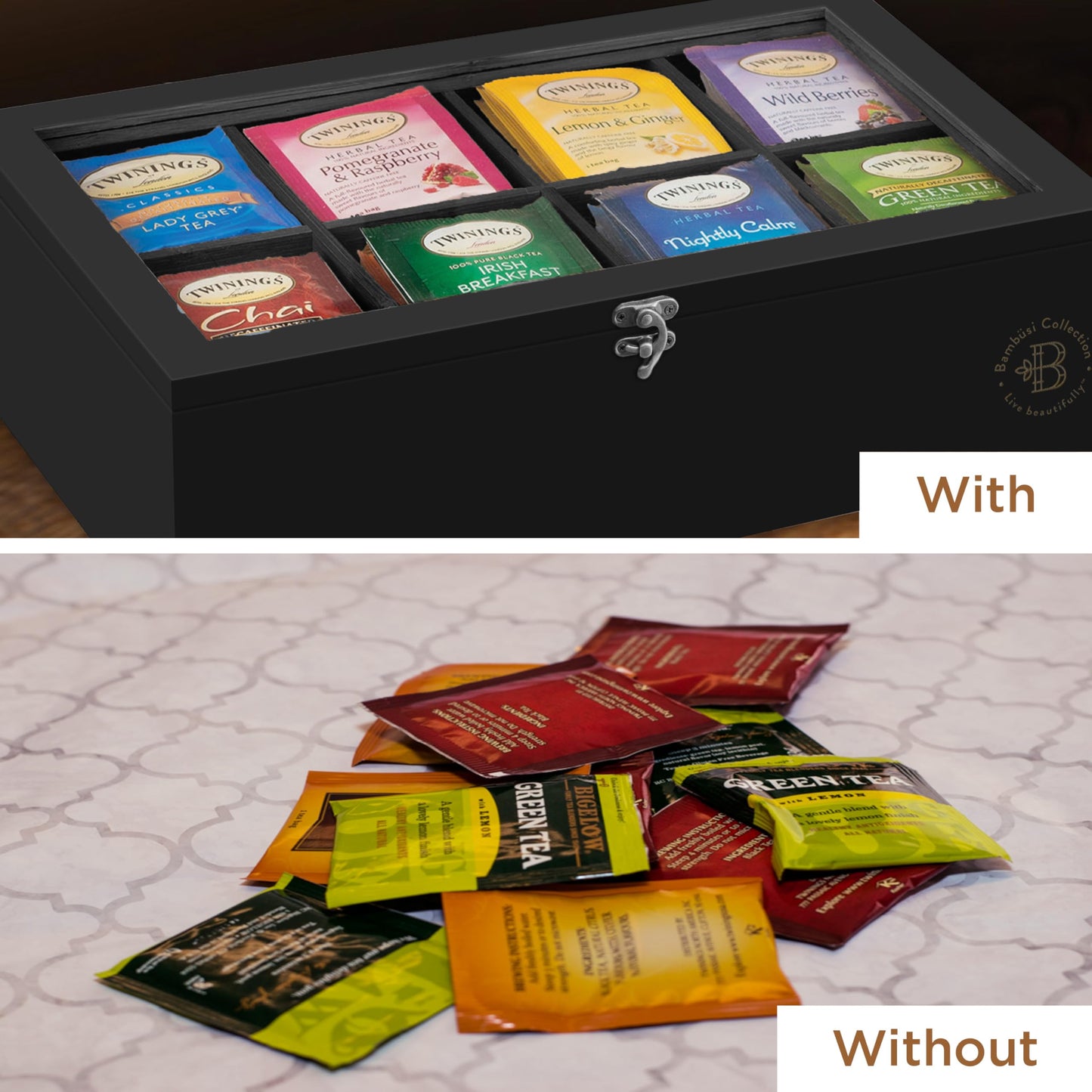 Bamboo Tea Bag Organizer Storage Box with Drawer & Acrylic Window - Magnetic Lid Keeps Contents Fresh - Ideal Mothers Day Gifts for Mom - Gift Caddy (Tea Not Included)