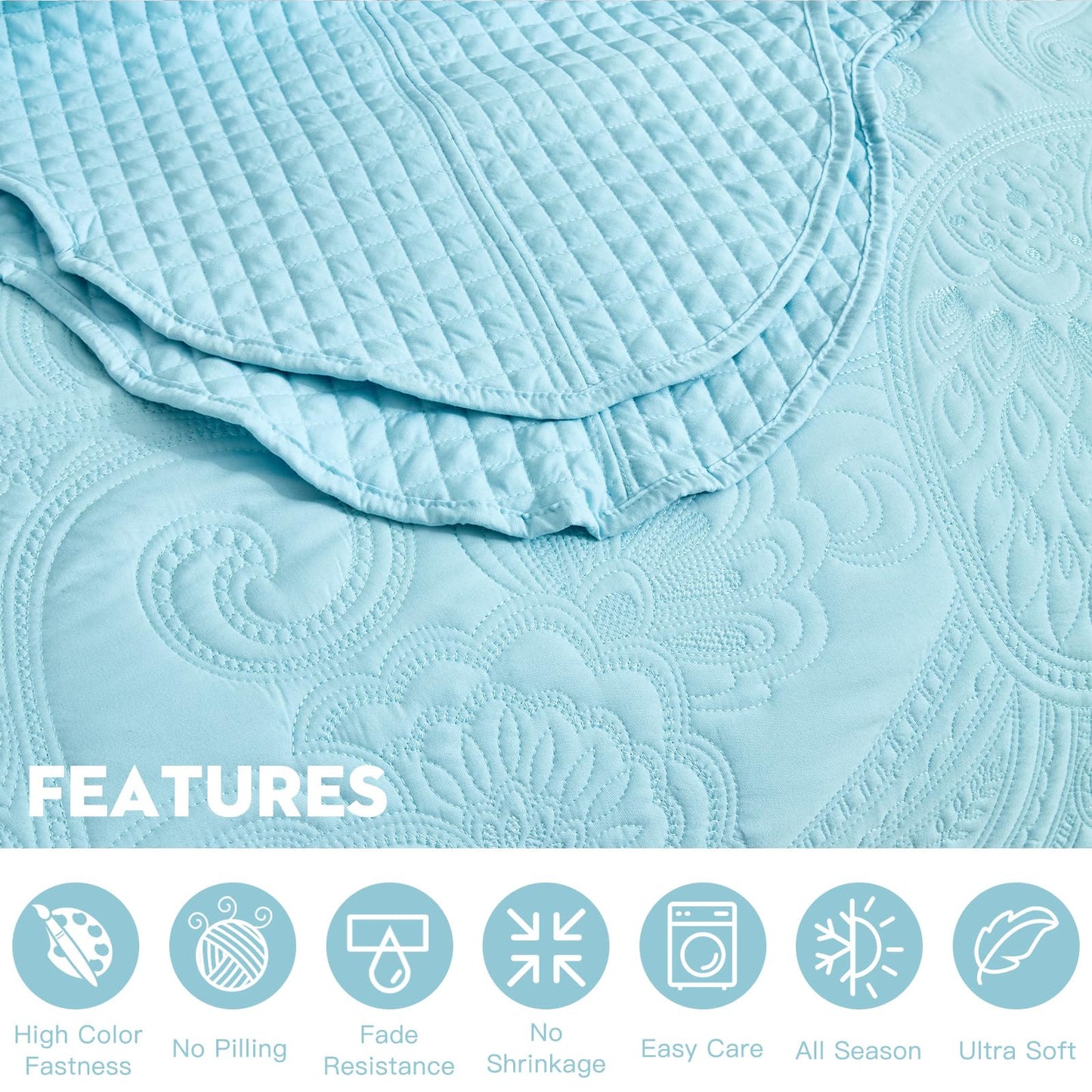 Oversized King Bedspread 128x120 Extra Wide, Paisley Pattern Design, Lightweight Bedding Cover, Reversible, 5 Piece, 100% Microfiber, King/Cal King, Pure White