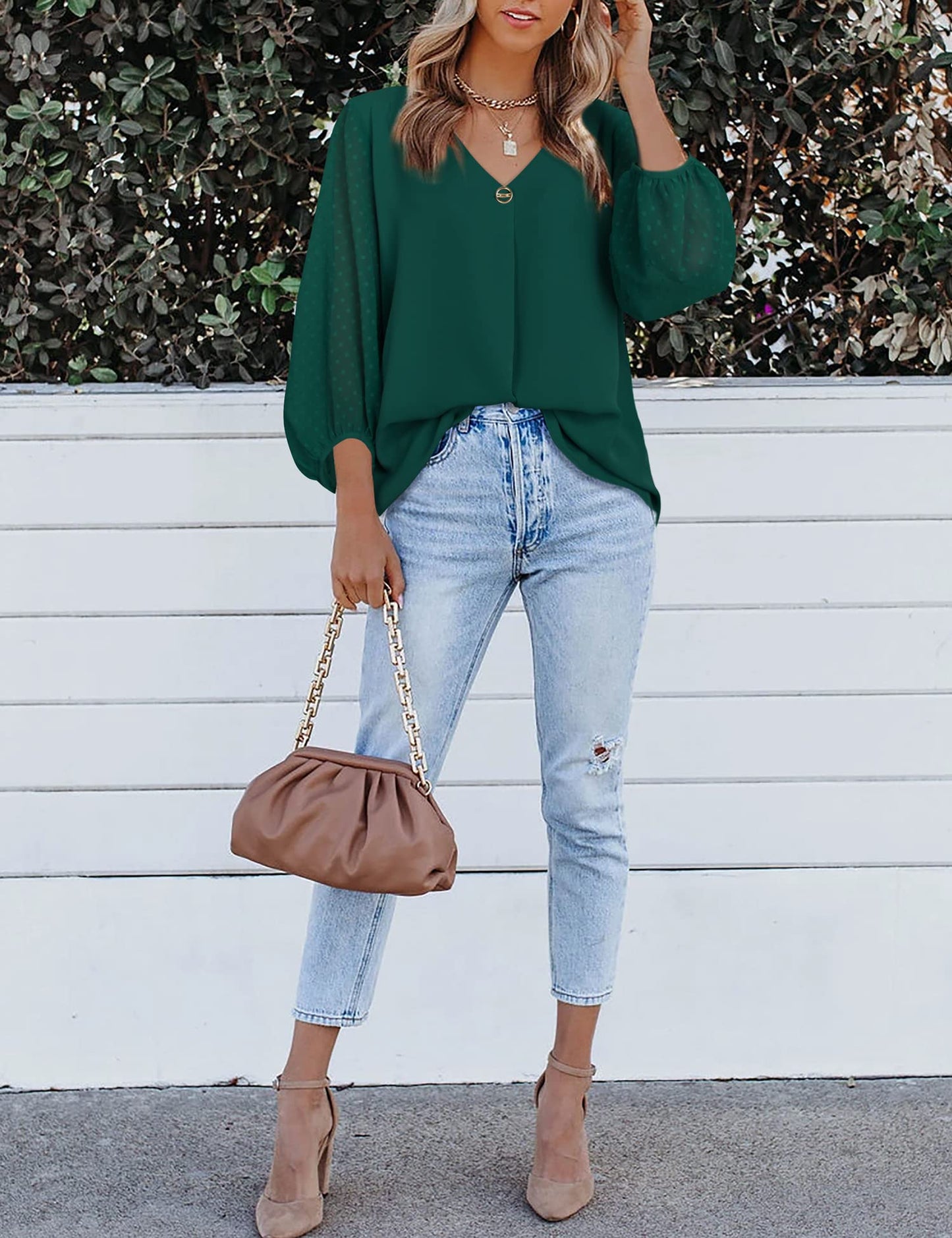 Bebonnie Damen Chiffonbluse mit Laternenmuster, 3/4-Ärmel, lässig, locker, V-Ausschnitt