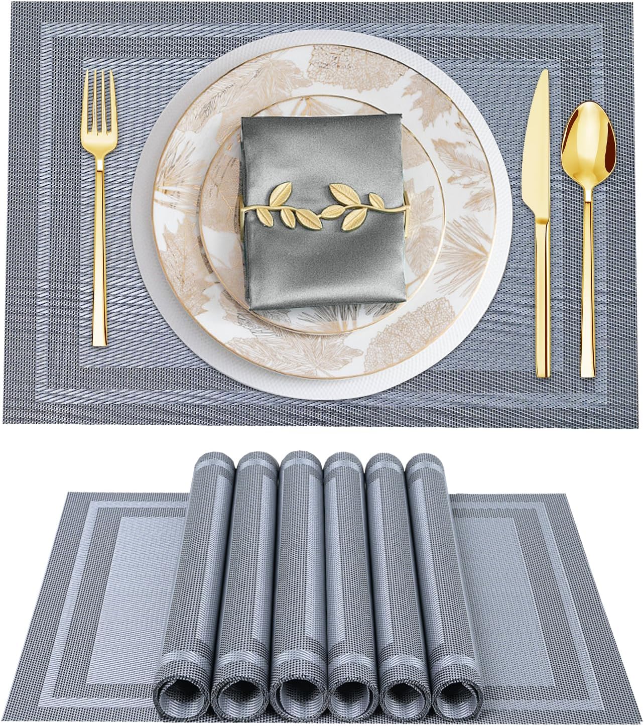 Tischsets 6er-Set, gewebtes Vinyl-Tischset für Esstisch, waschbar, abwischbar, Küchentischsets, strapazierfähige Tischsets für drinnen und draußen, 01 Beige, 6 Stück