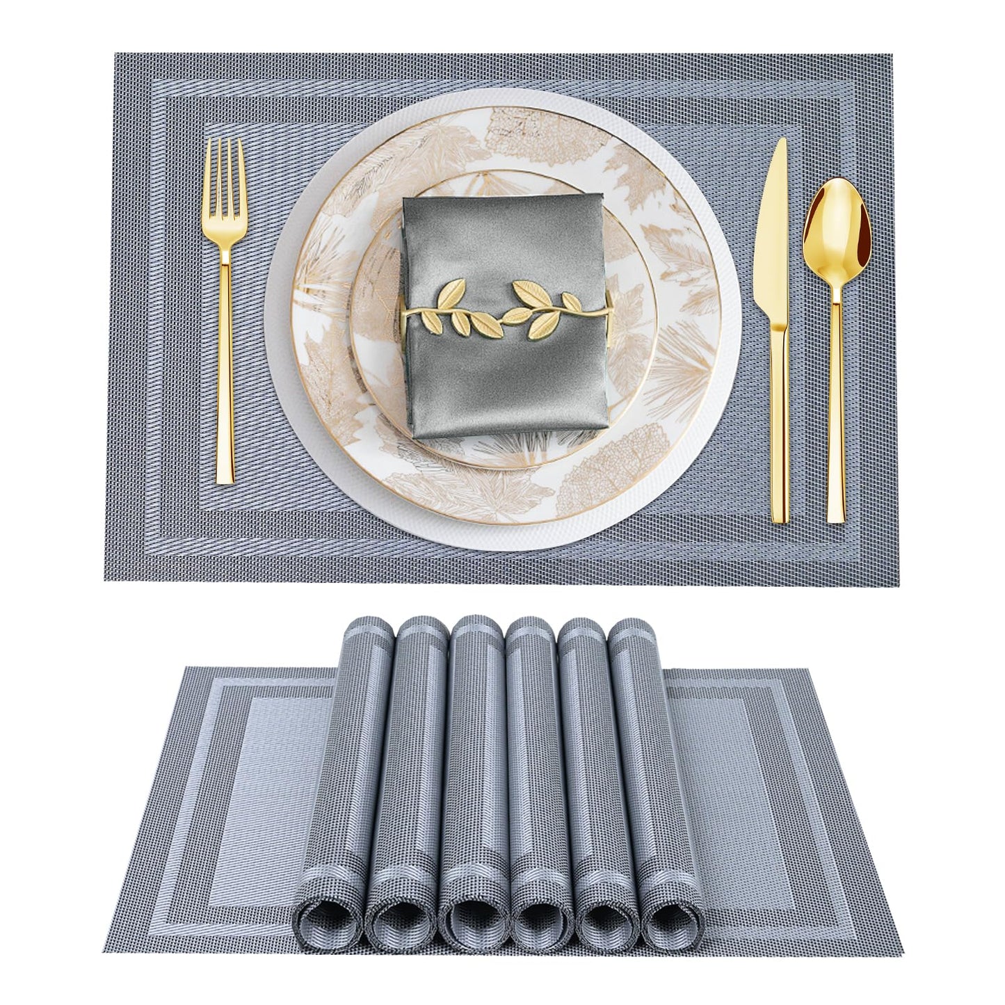 Tischsets 6er-Set, gewebtes Vinyl-Tischset für Esstisch, waschbar, abwischbar, Küchentischsets, strapazierfähige Tischsets für drinnen und draußen, 01 Beige, 6 Stück