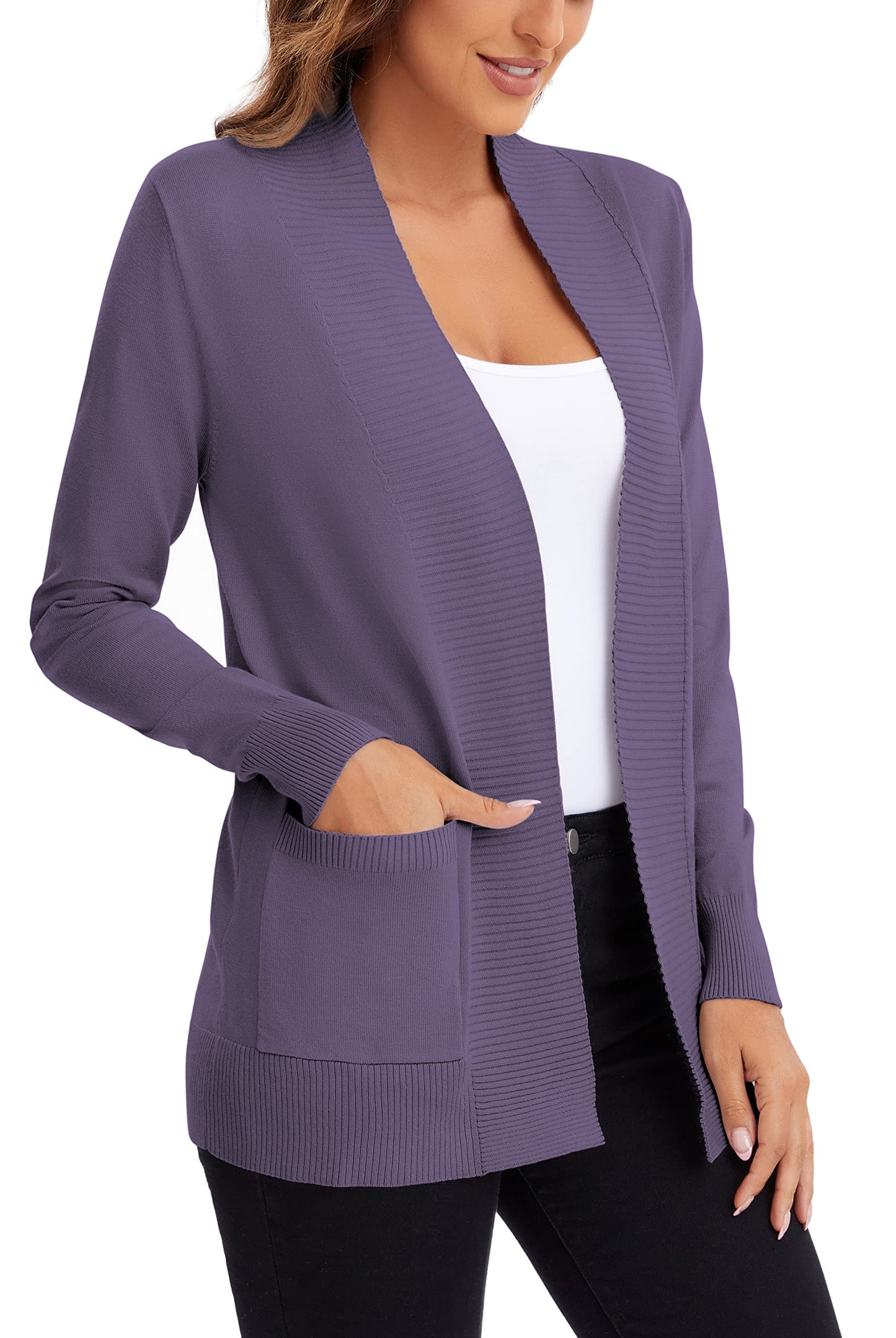 Urban CoCo Leichter Strickjacke für Damen mit offener Vorderseite, lange Ärmel, mit Tasche