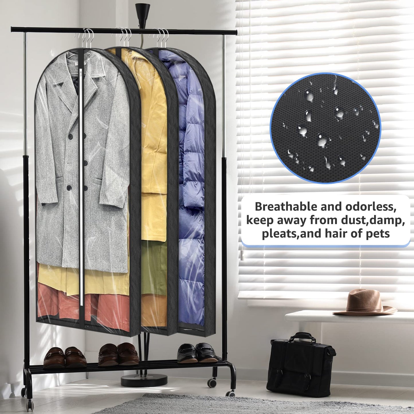 Sacs à vêtements transparents de 50 po pour suspendre des vêtements dans un placard avec soufflets de 4 po, sac de protection pour costumes pour robes, manteaux longs, vestes, pulls, chemises, 3 paquets, noir