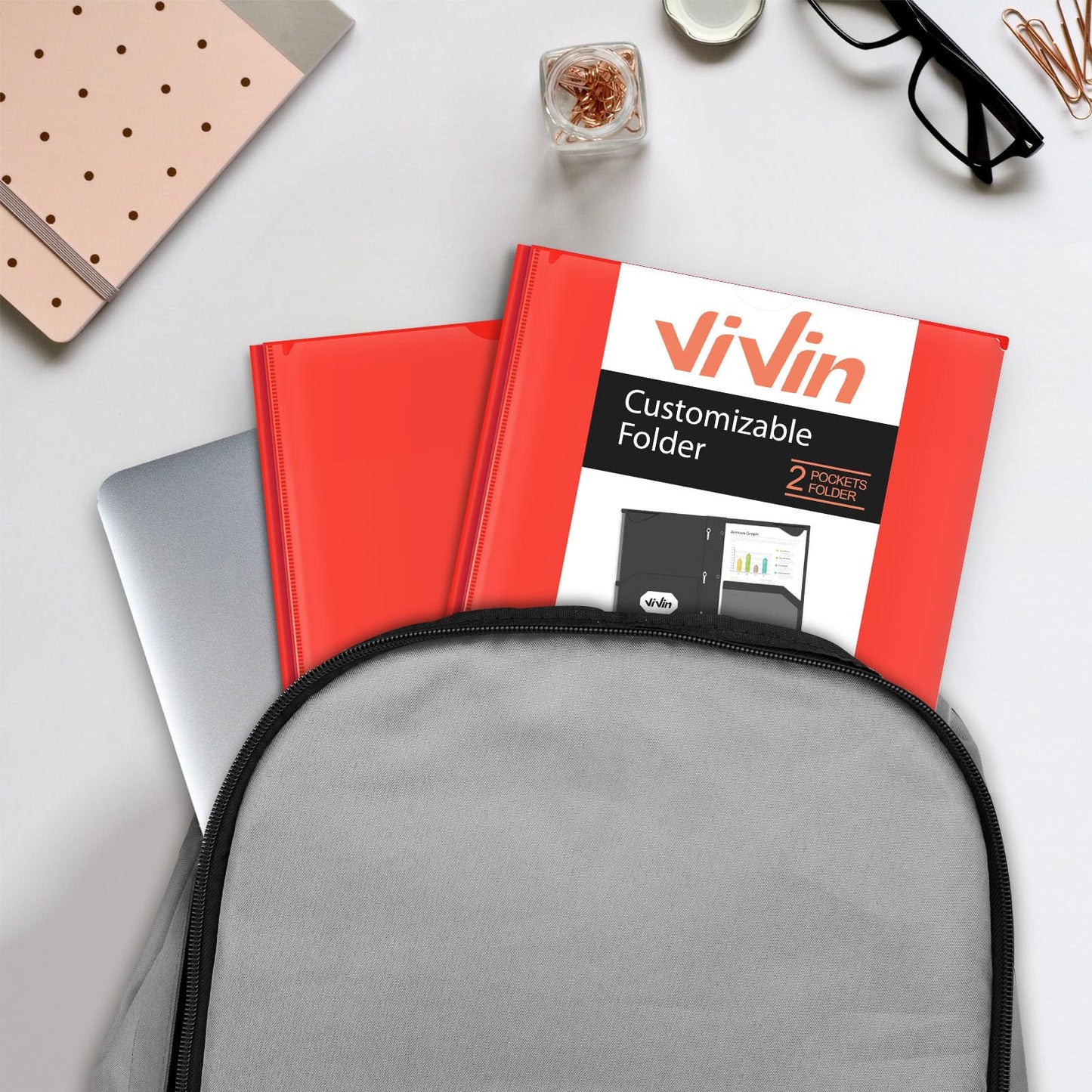 Chemises en plastique épais ViVin avec pochettes et broches, deux poches, poche avant transparente et onglets de maintien, lot de 6, pour papier au format lettre US, pour l'école et le bureau - Blanc