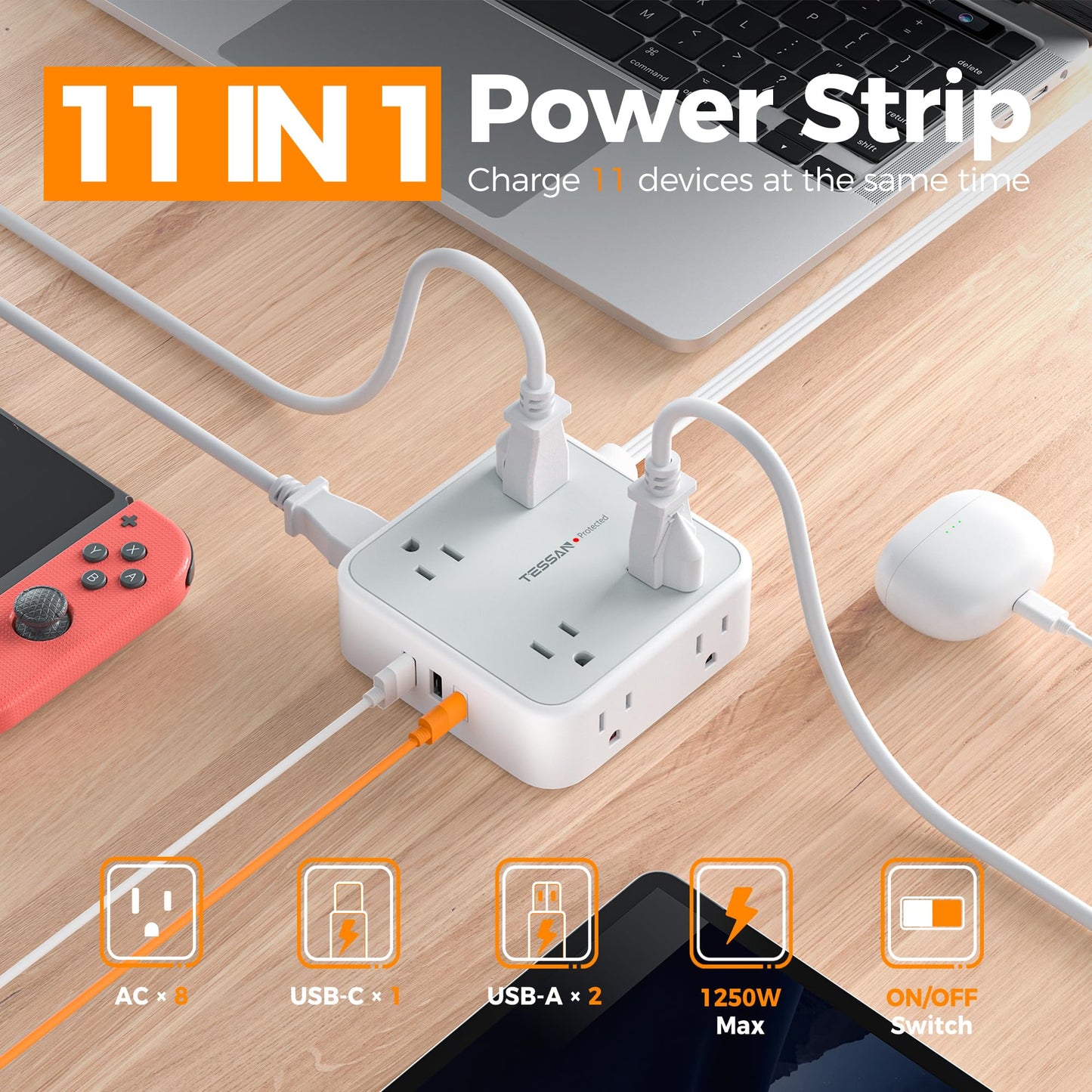 Surge Protector Flat Extension Cord Flat Plug Power Strip, 8 AC Outlets, 3 USB Charger(1 USB C Port) 3-Sided Outlet Extender, 5 Ft, 900 Joules Protection