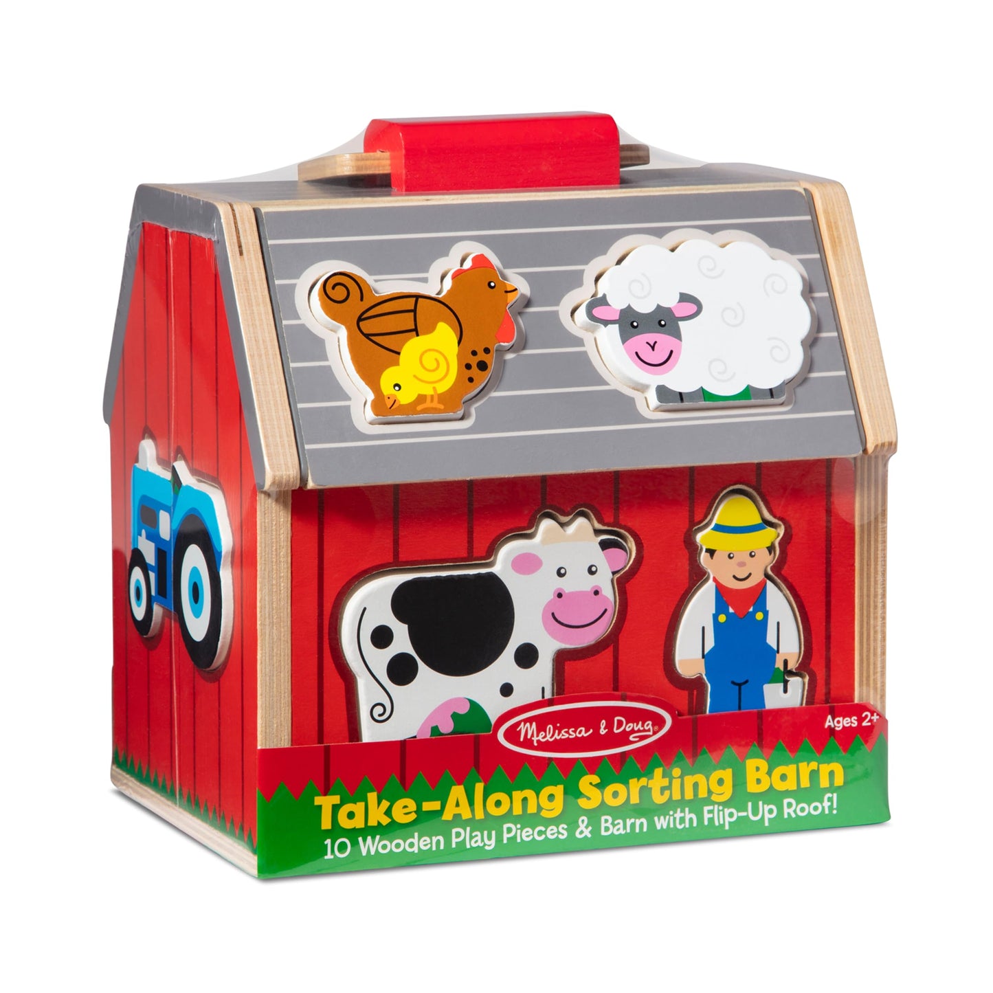 Melissa & Doug Wooden Take-Along Barn Toy with Flip-Up Roof and Handle, 10 Farm Play Pieces, Shape Sorting And Stacking Learning Toys For Toddlers And Kids Ages 2+