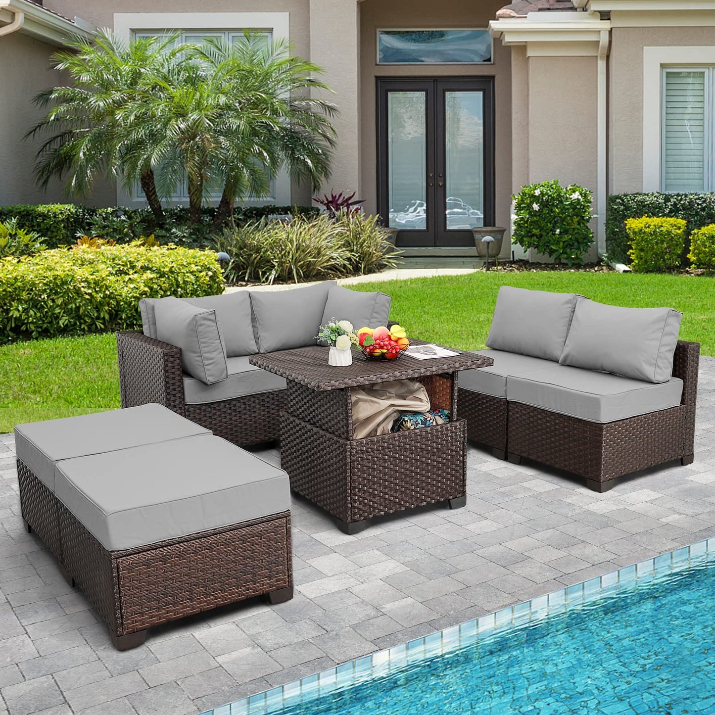 Outdoor Patio Dark Brown Rattan 7 Piece Sectional Set PE Wicker Conversation Sofa with Liftable Storage Table Non-Slip 5" Thick Royal Blue Cushion and Furniture Cover