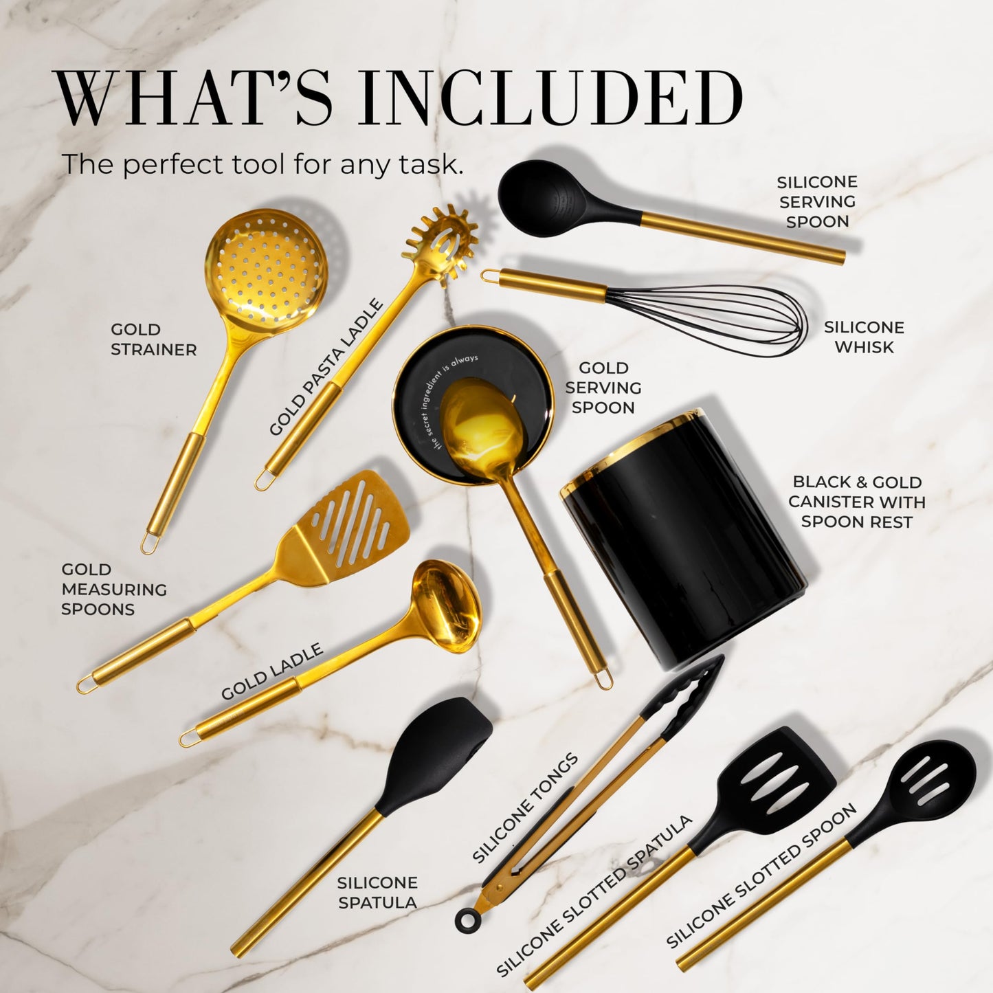 Ensemble d'ustensiles de cuisine en bois – Ensemble de 8 pièces comprenant des ustensiles de cuisine en bois et en or, un porte-ustensiles blanc et un repose-cuillère en bois – Ustensiles de cuisine durables et élégants pour cuisiner et servir