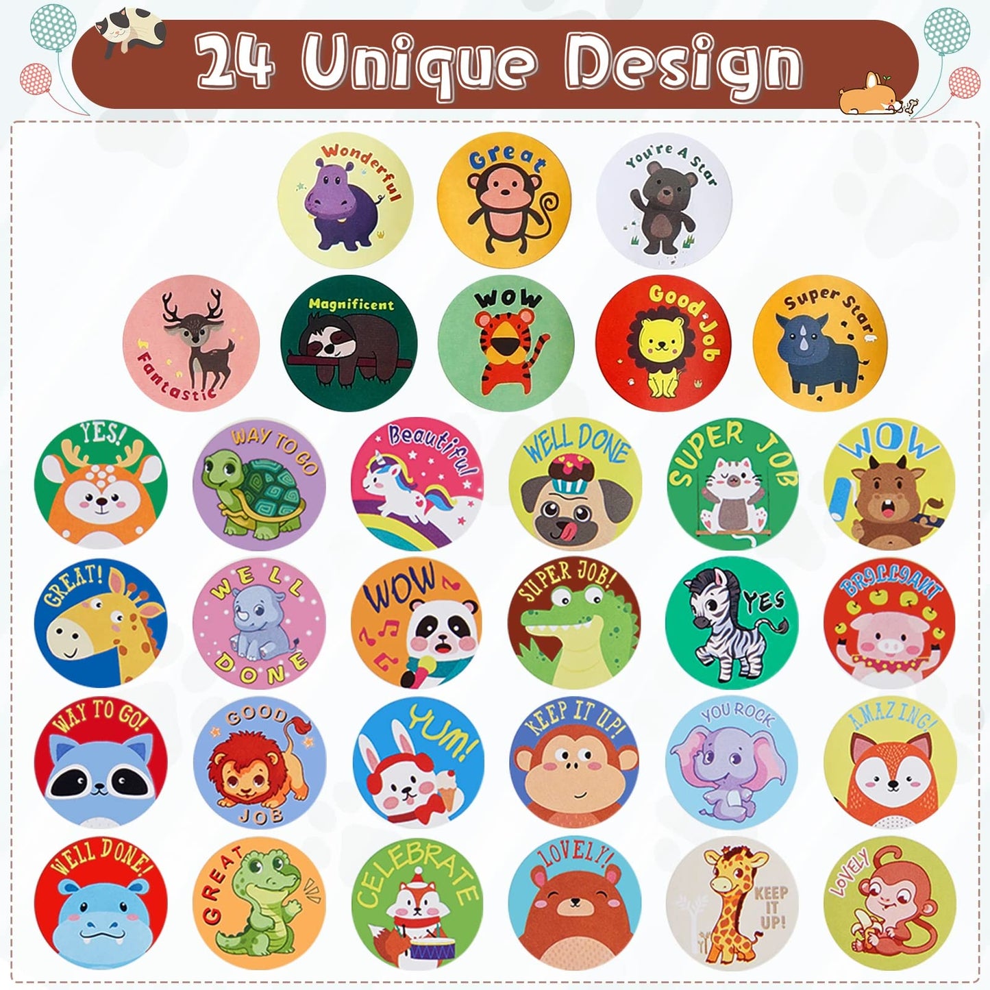 Outus 3 Rolls Motivational Stickers for Kids, 1500 Pcs Inspirational Cartoon Reward Stickers Teacher Supplies for Potty Training School Classroom Students Prizes, 24 Designs(Vivid Style)