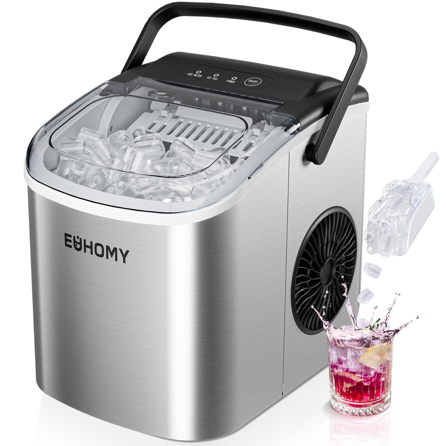 EUHOMY Countertop Ice Maker Machine with Handle, 26lbs in 24Hrs, 9 Ice Cubes Ready in 6 Mins, Auto-Cleaning Portable Ice Maker with Basket and Scoop, for Home/Kitchen/Camping/RV. (Black)