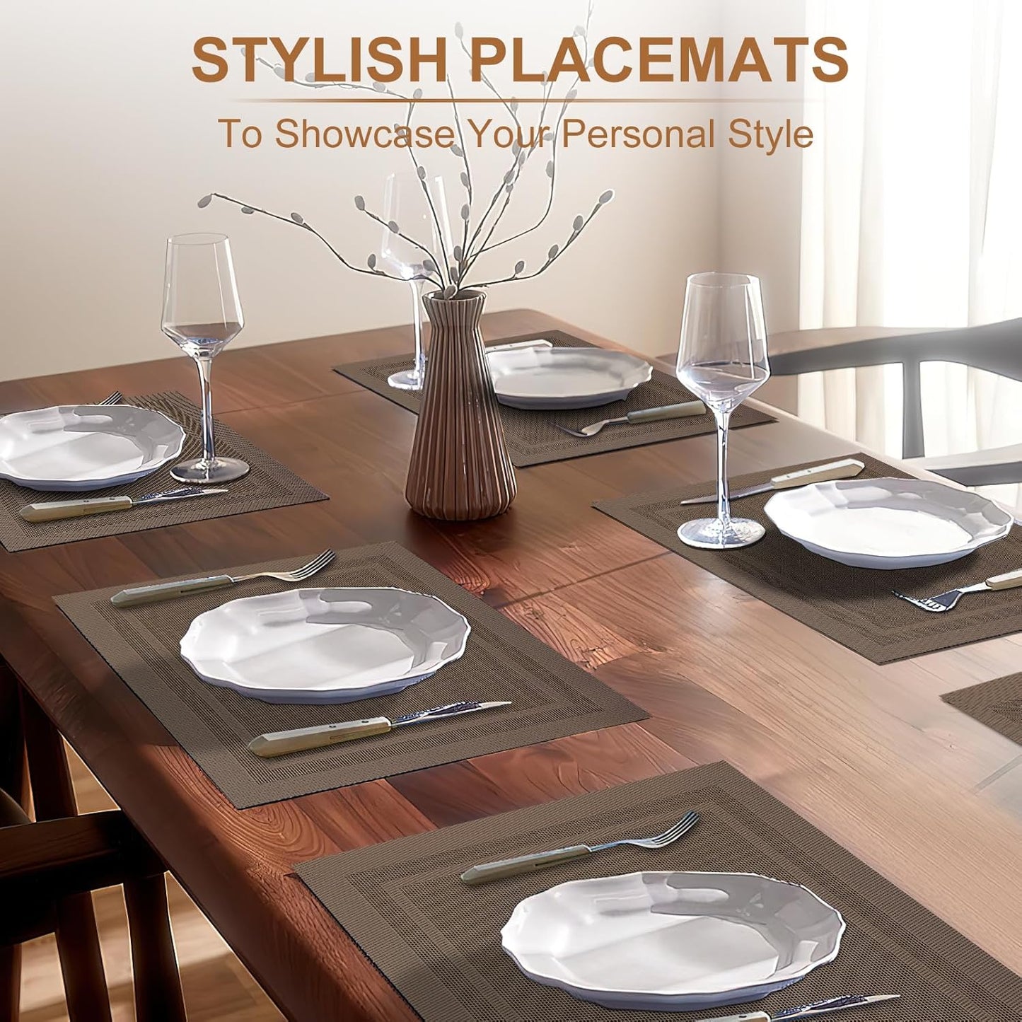 Tischsets 6er-Set, gewebtes Vinyl-Tischset für Esstisch, waschbar, abwischbar, Küchentischsets, strapazierfähige Tischsets für drinnen und draußen, 01 Beige, 6 Stück