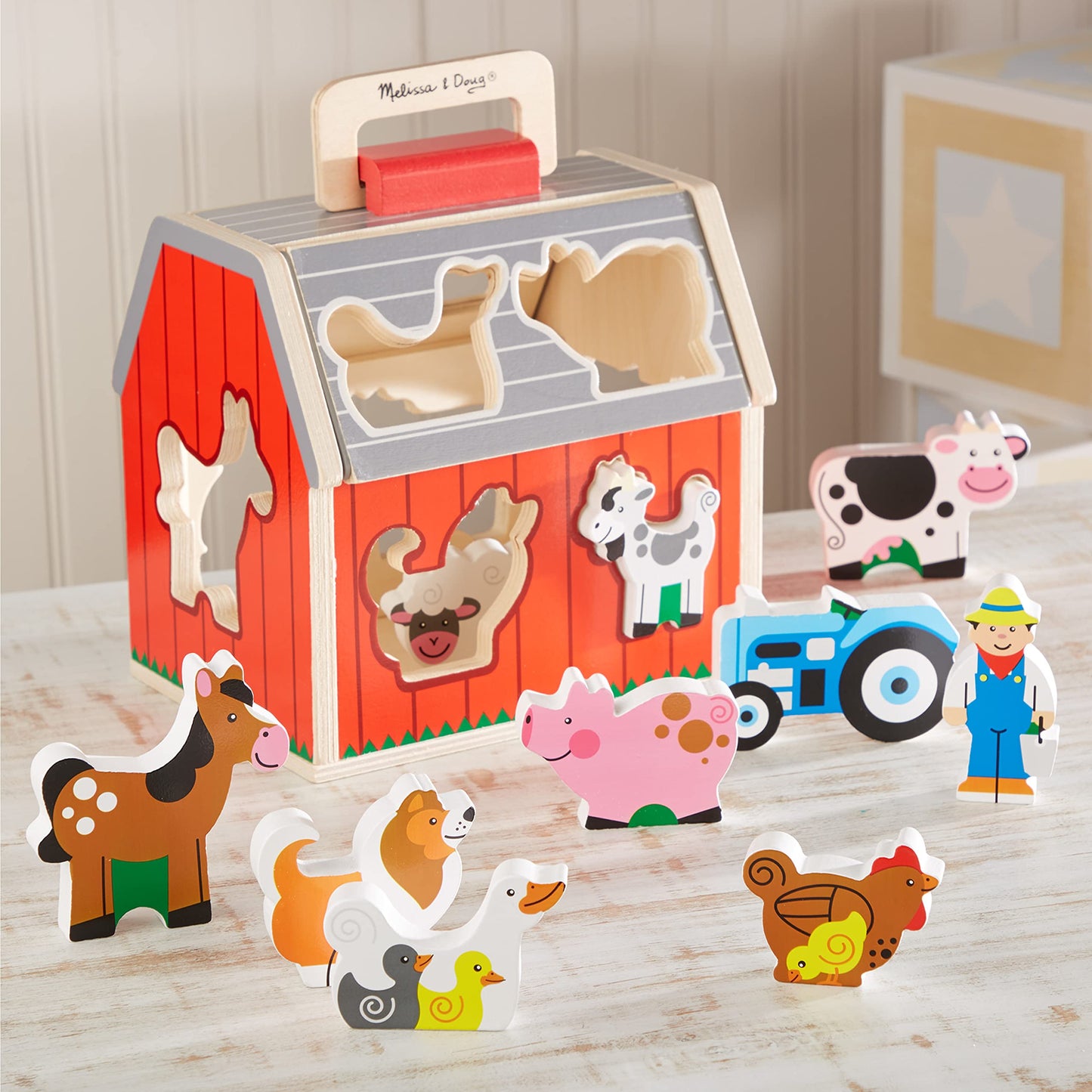 Melissa & Doug Wooden Take-Along Barn Toy with Flip-Up Roof and Handle, 10 Farm Play Pieces, Shape Sorting And Stacking Learning Toys For Toddlers And Kids Ages 2+