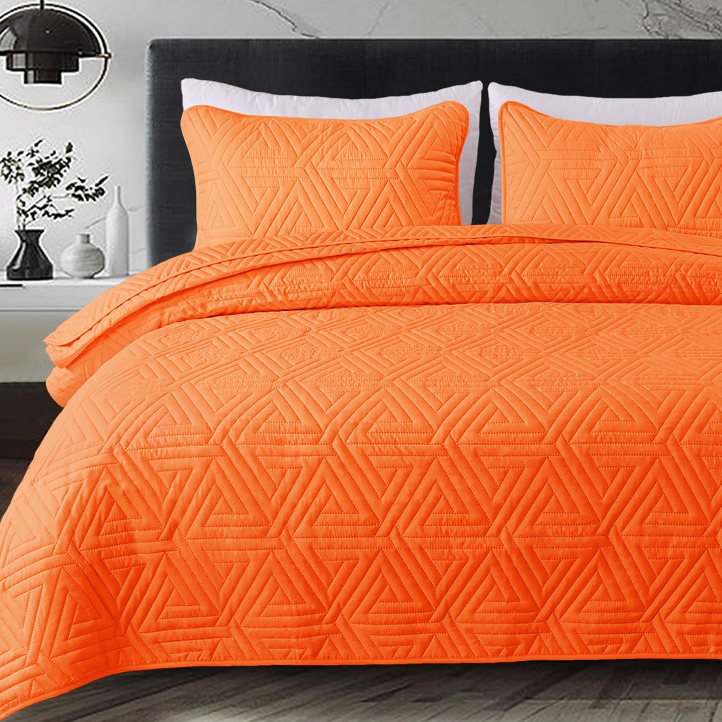 Whale Flotilla Soft Full/Queen Size Quilt Set for All Seasons, 3-Piece Ultrasonic Geometric Quilts Bedding Set, Lightweight Reversible Bedspread, Coverlet, Bed Cover with 2 Pillow Shams, Orange