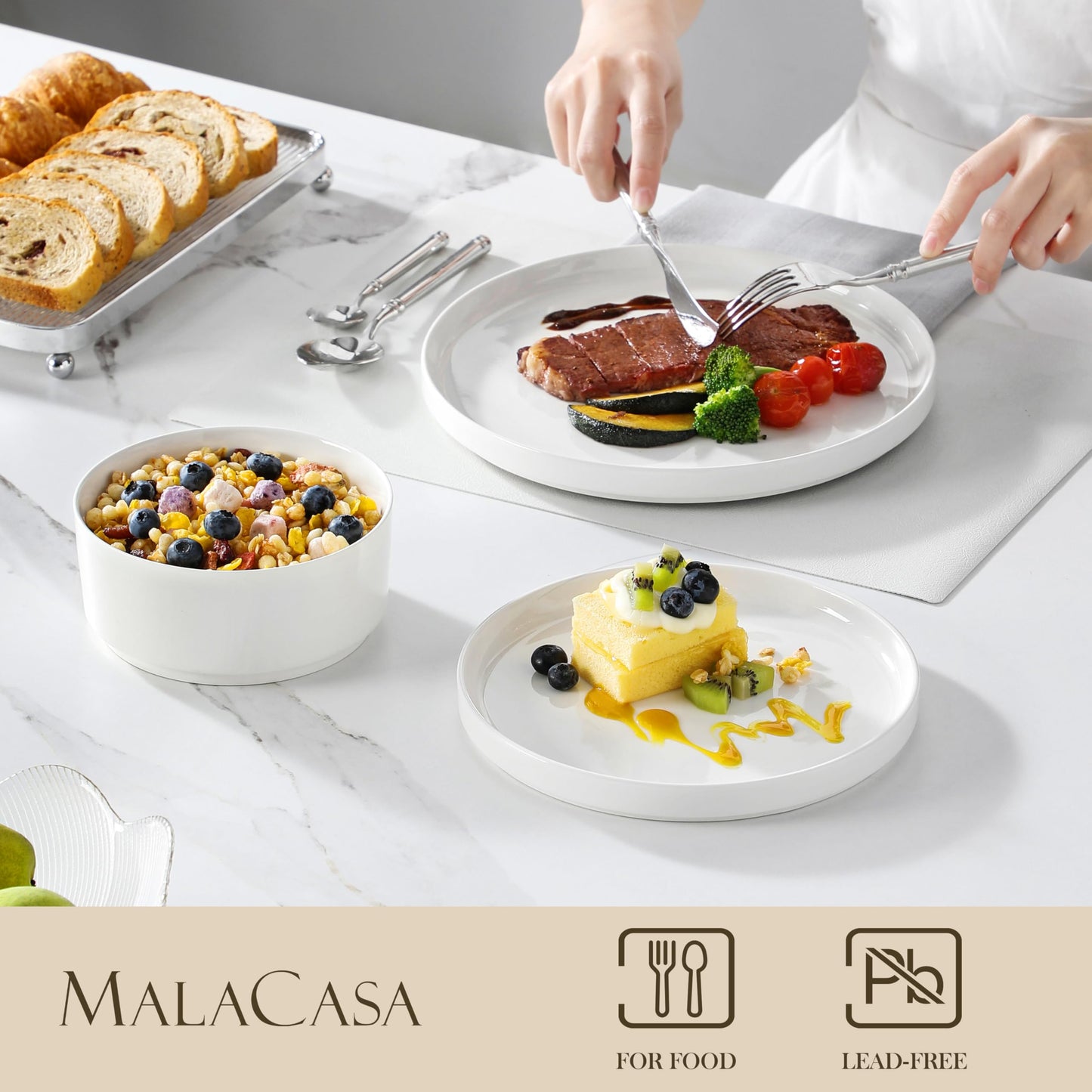 MALACASA 12 Pieces Porcelain Dinnerware Set, Modern White Dish Set for 4, Premium Serving Plates and Bowls Sets, Chip and Scratch Resistant Dishware Sets Kitchen Dishes Dining Ware Set, Series LEAH