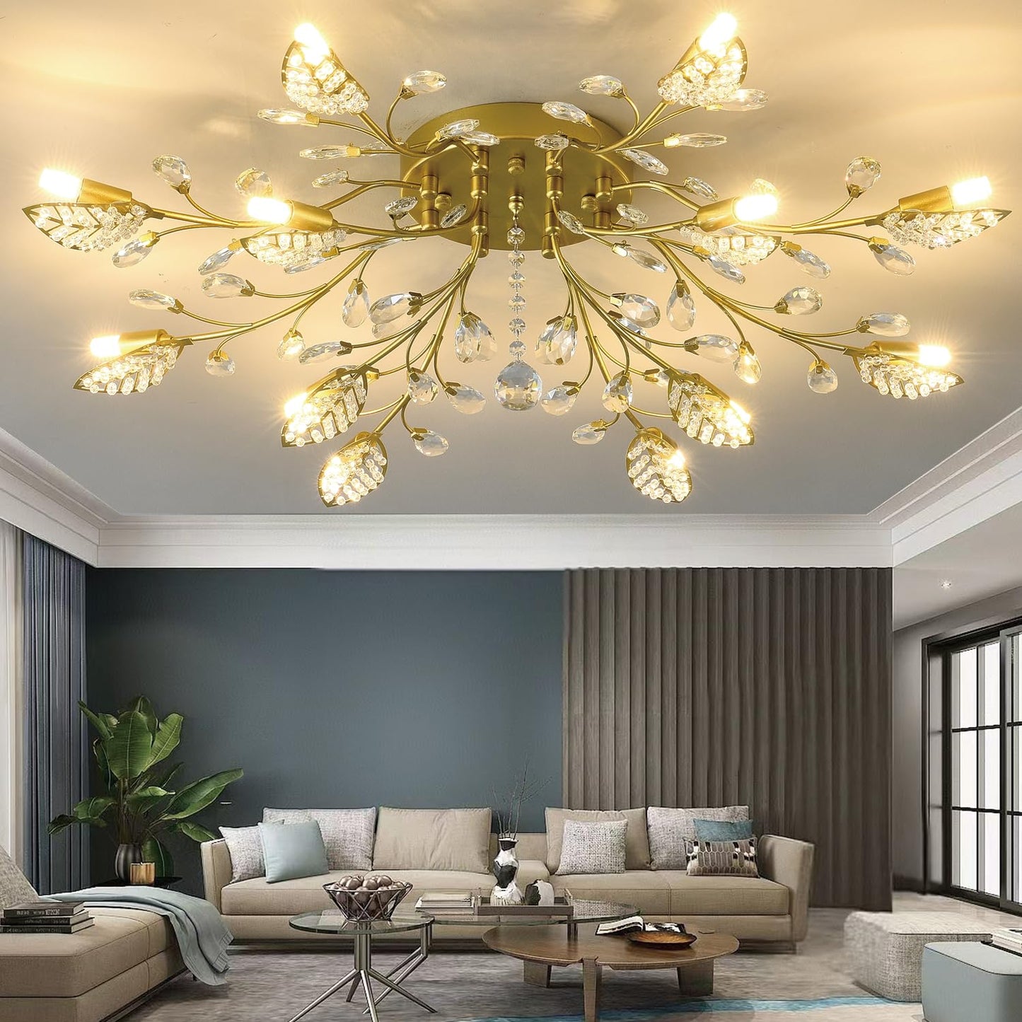 Moderne Deckenleuchte aus Kristall, halbbündiger Kronleuchter, Deckenleuchte aus Kristallblättern, Kronleuchter für Esszimmer, Wohnzimmer, Schlafzimmer (Gold, 12 Lichter)